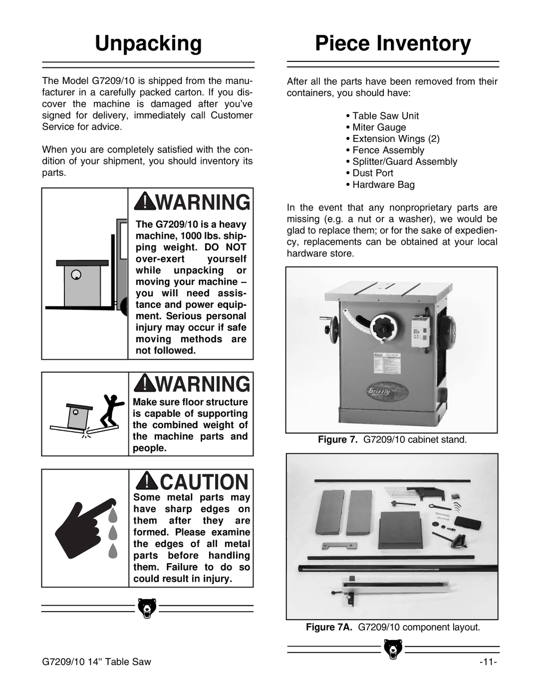 Grizzly G7210, G7209 instruction manual Unpacking, Piece Inventory 