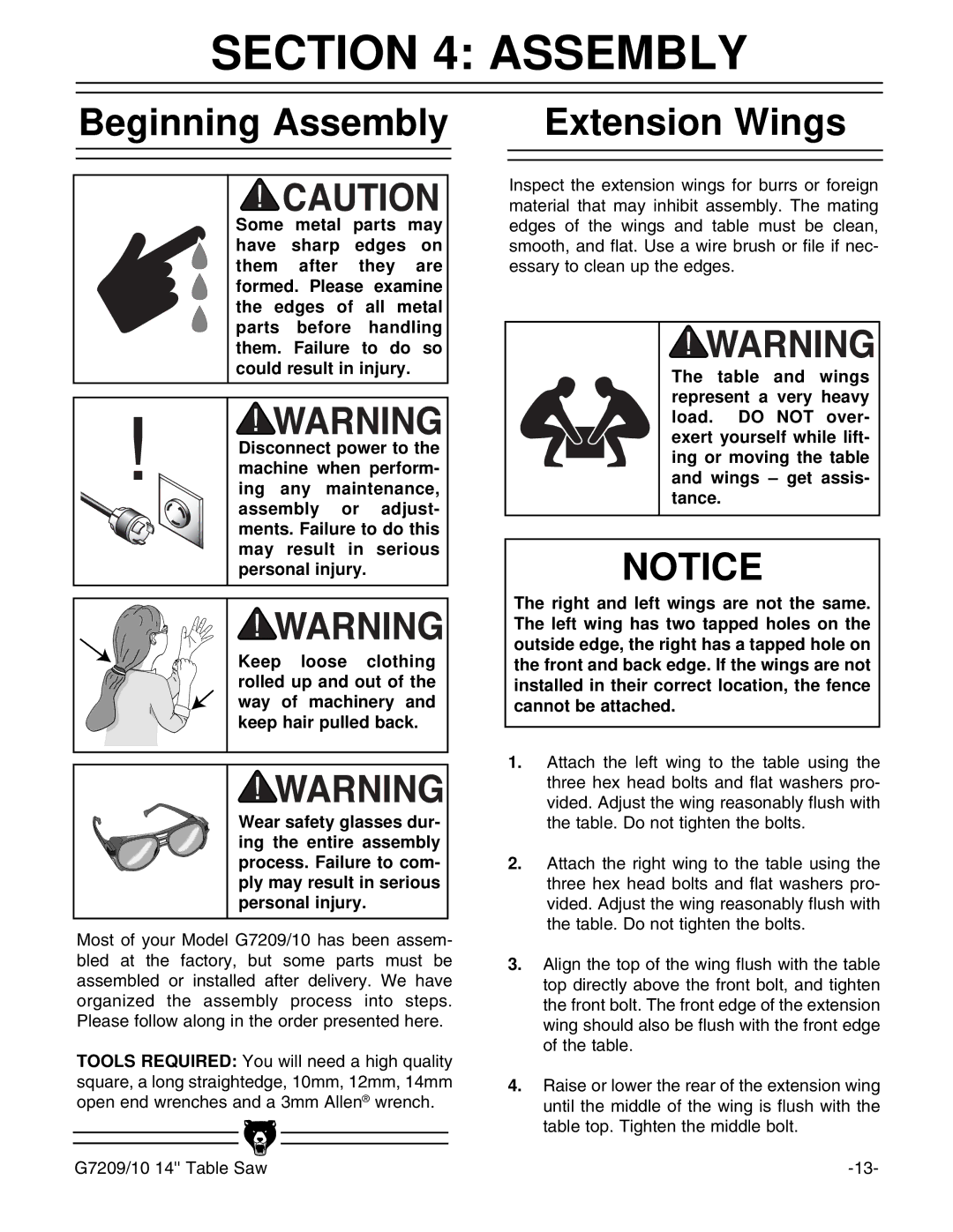 Grizzly G7210, G7209 instruction manual Beginning Assembly, Extension Wings 