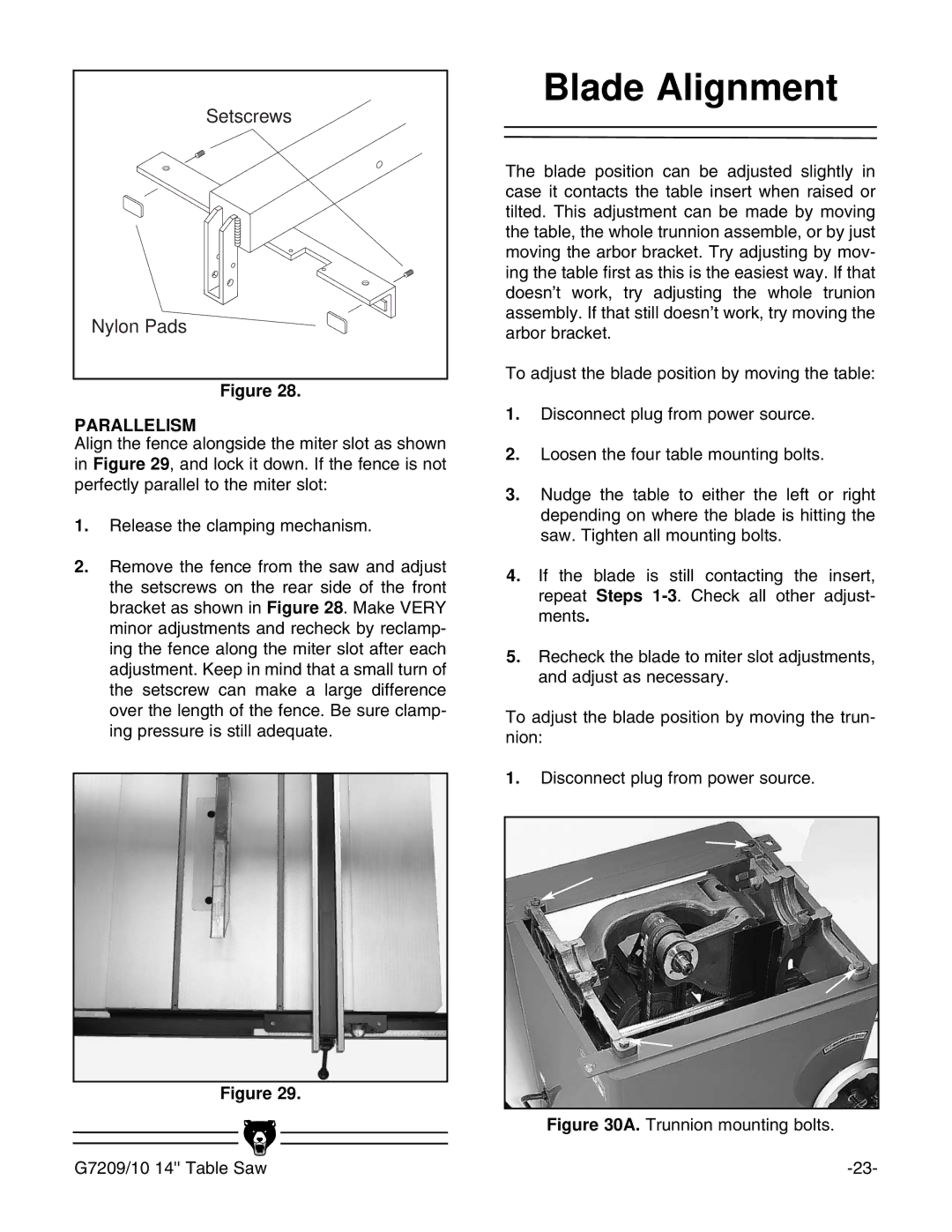 Grizzly G7210, G7209 instruction manual Blade Alignment, Nylon Pads 