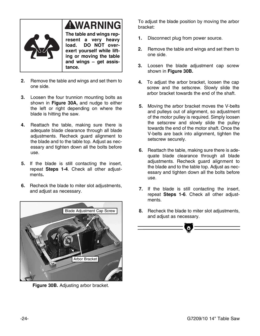 Grizzly G7209, G7210 instruction manual Blade Adjustment Cap Screw Arbor Bracket 