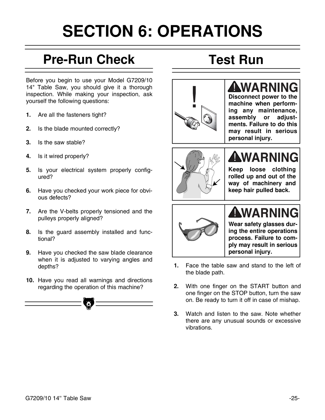 Grizzly G7210, G7209 instruction manual Operations, Pre-Run Check, Test Run 