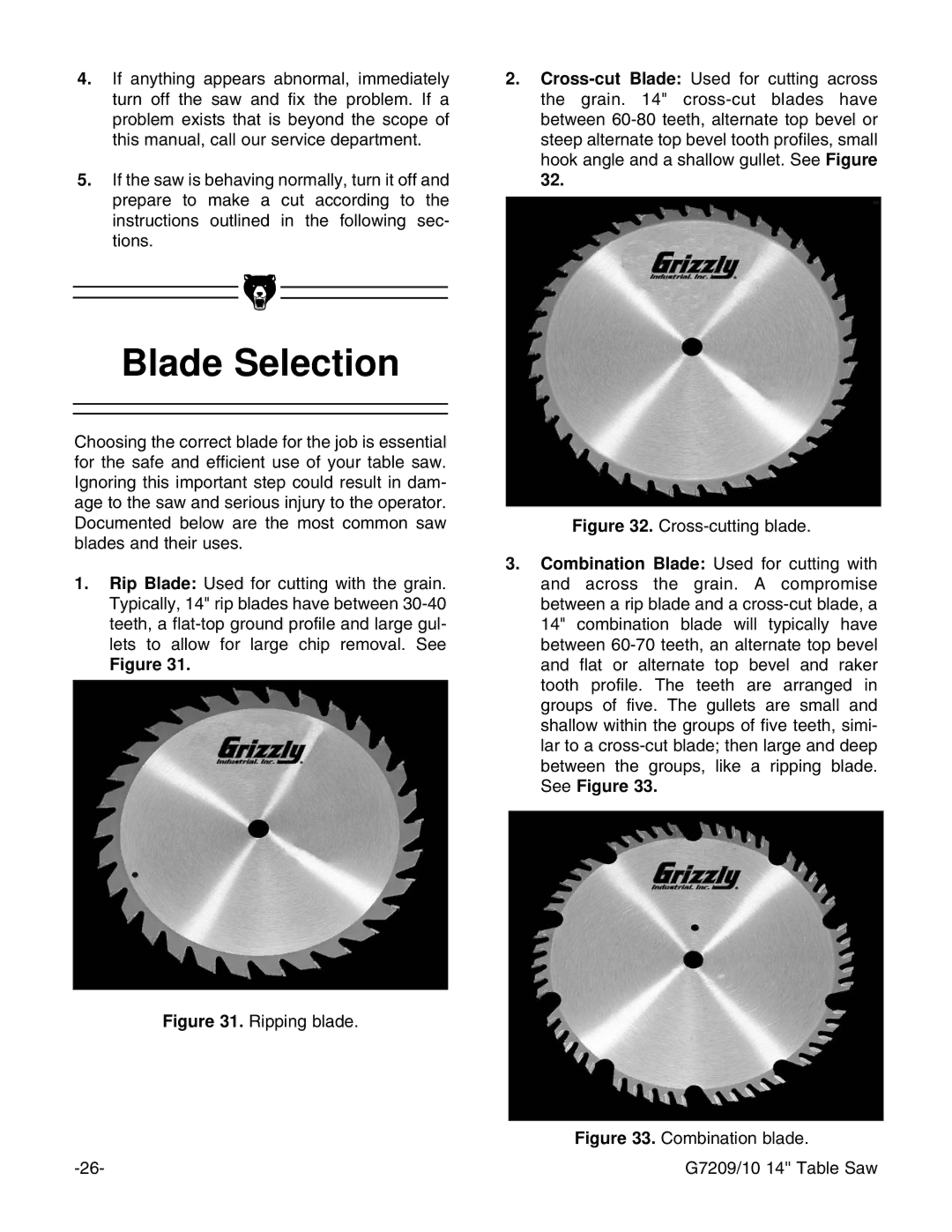 Grizzly G7209, G7210 instruction manual Blade Selection, Ripping blade 