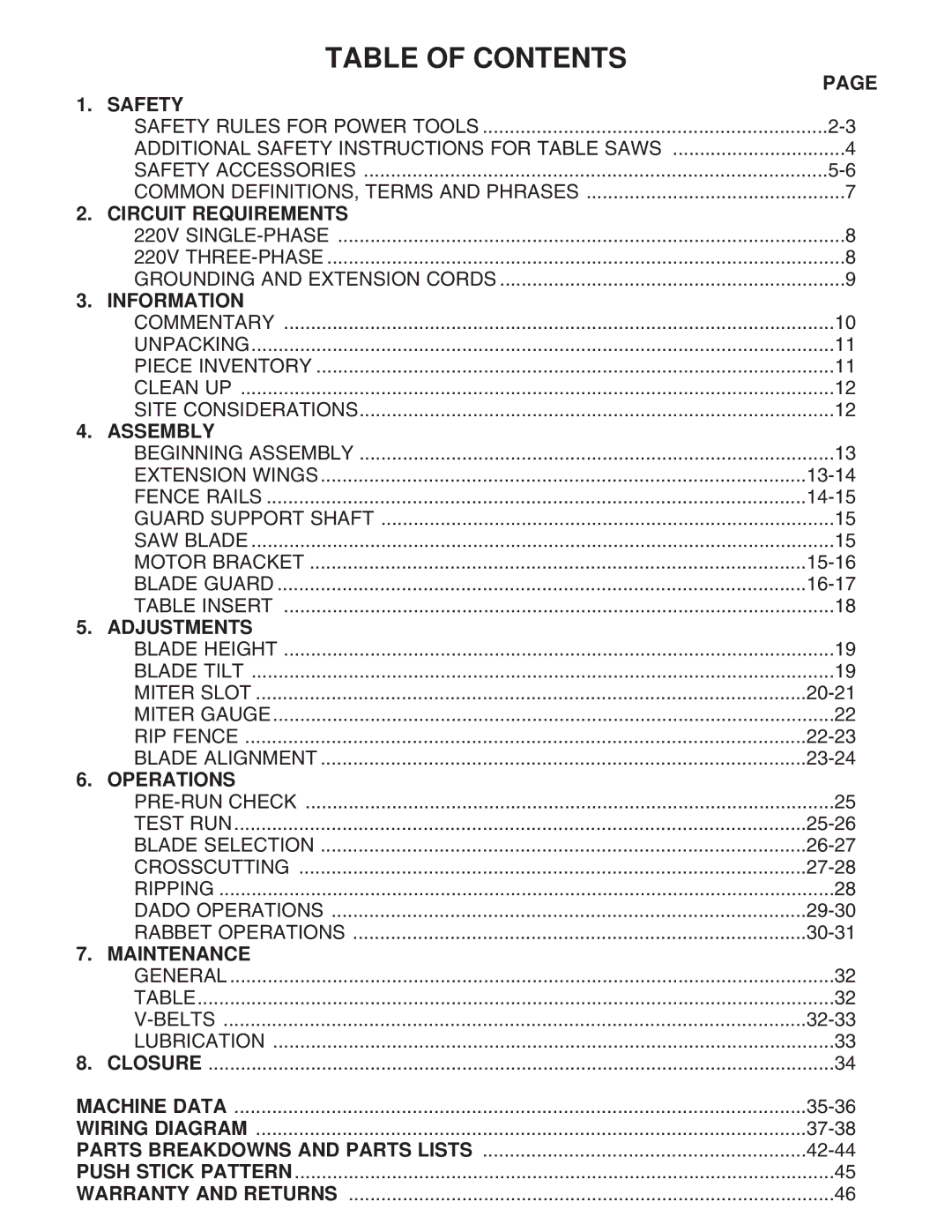 Grizzly G7210, G7209 instruction manual Table of Contents 