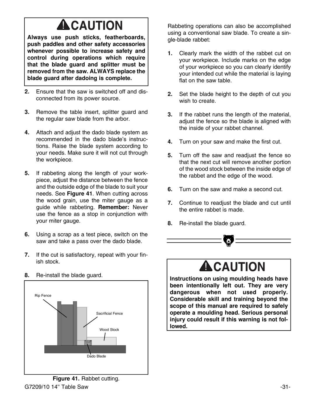 Grizzly G7210, G7209 instruction manual Rip Fence Sacrificial Fence Wood Stock Dado Blade 