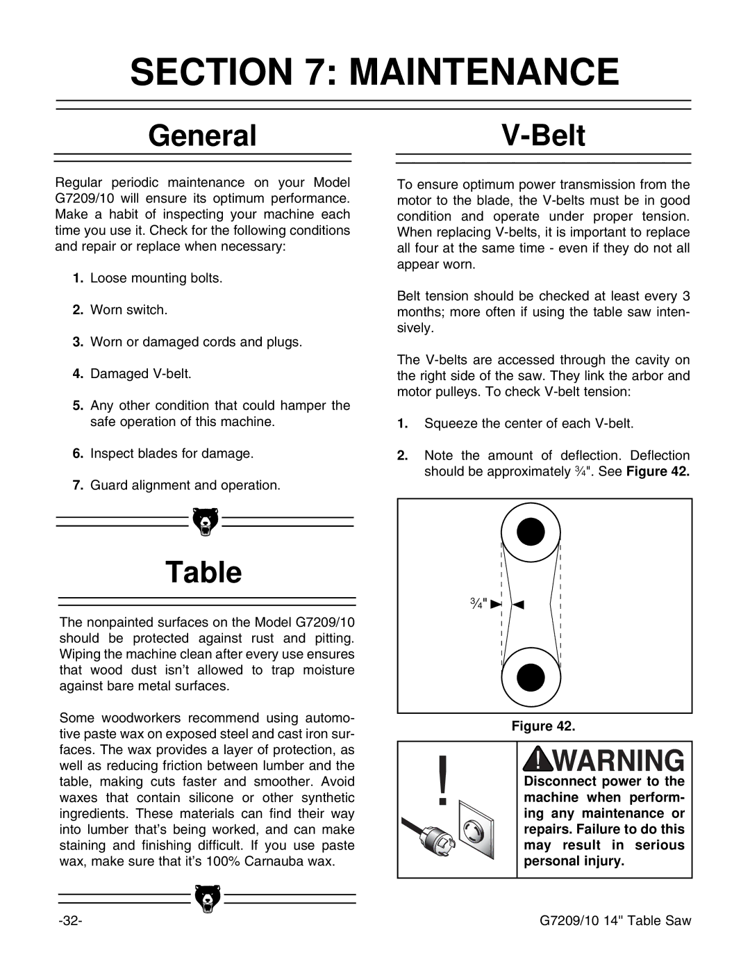 Grizzly G7209, G7210 instruction manual Maintenance, GeneralV-Belt 