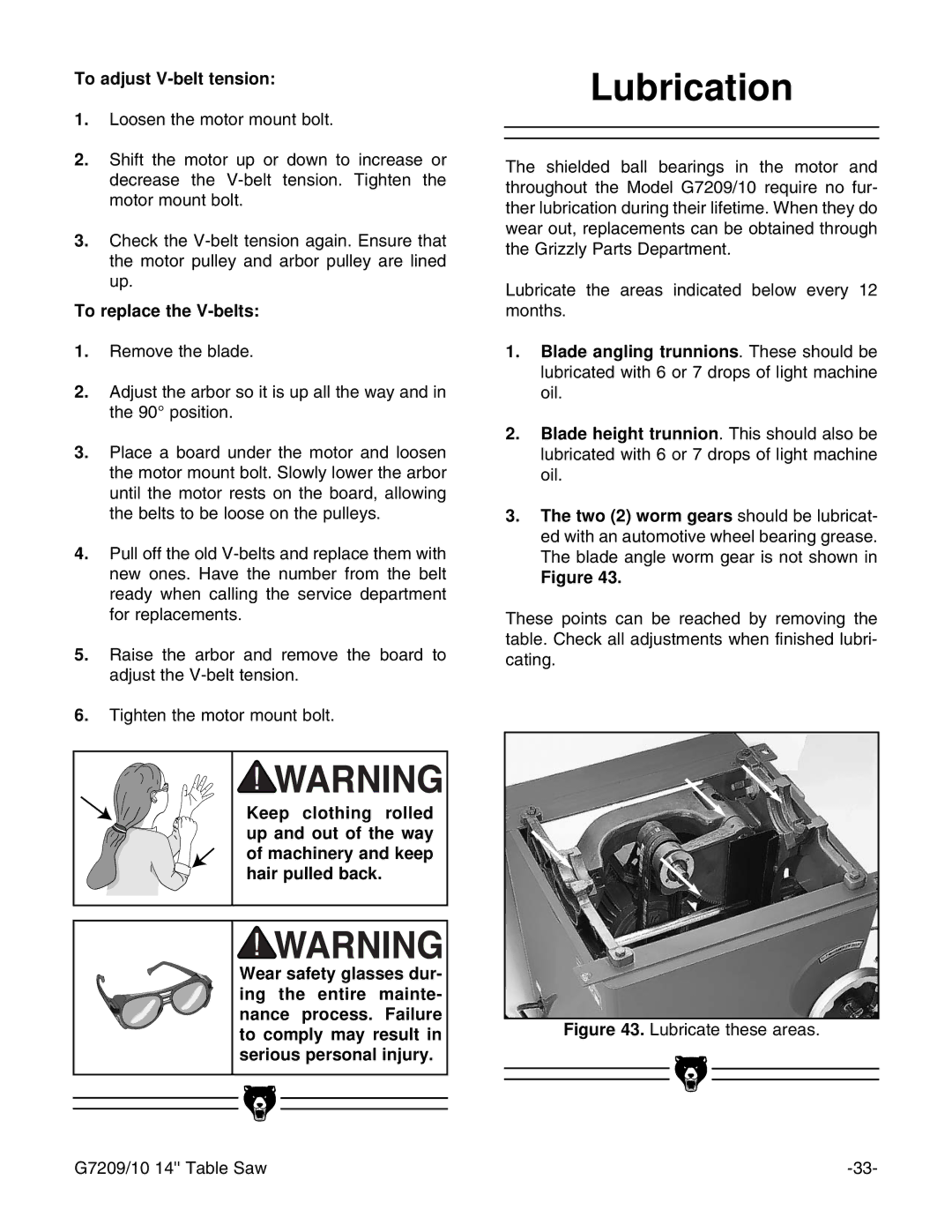 Grizzly G7210, G7209 instruction manual Lubrication, To adjust V-belt tension 