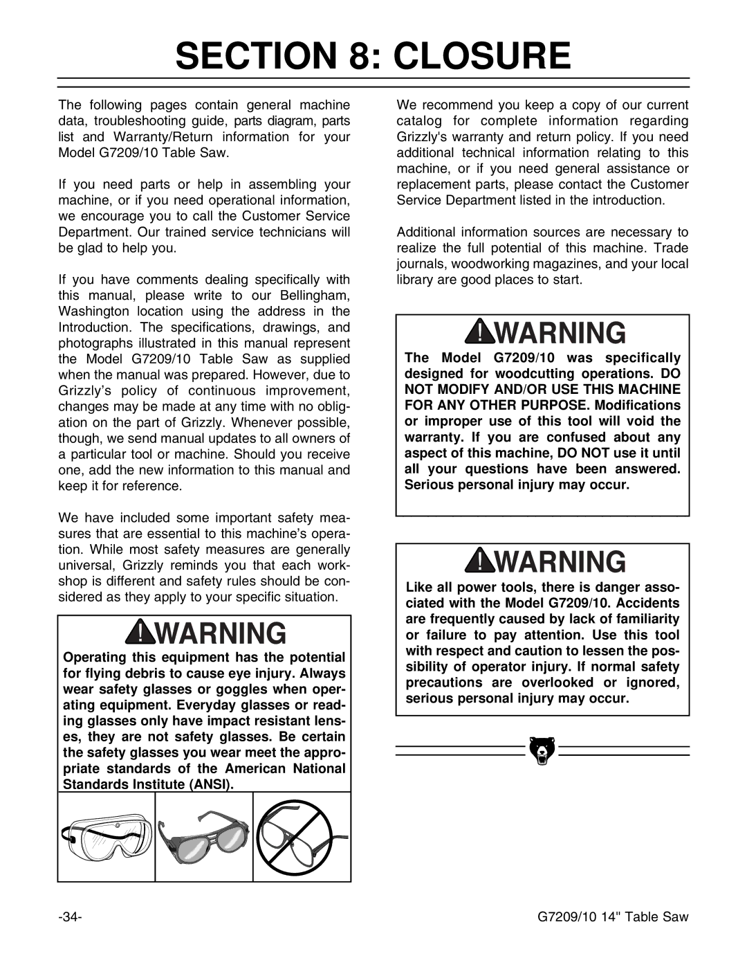 Grizzly G7209, G7210 instruction manual Closure 