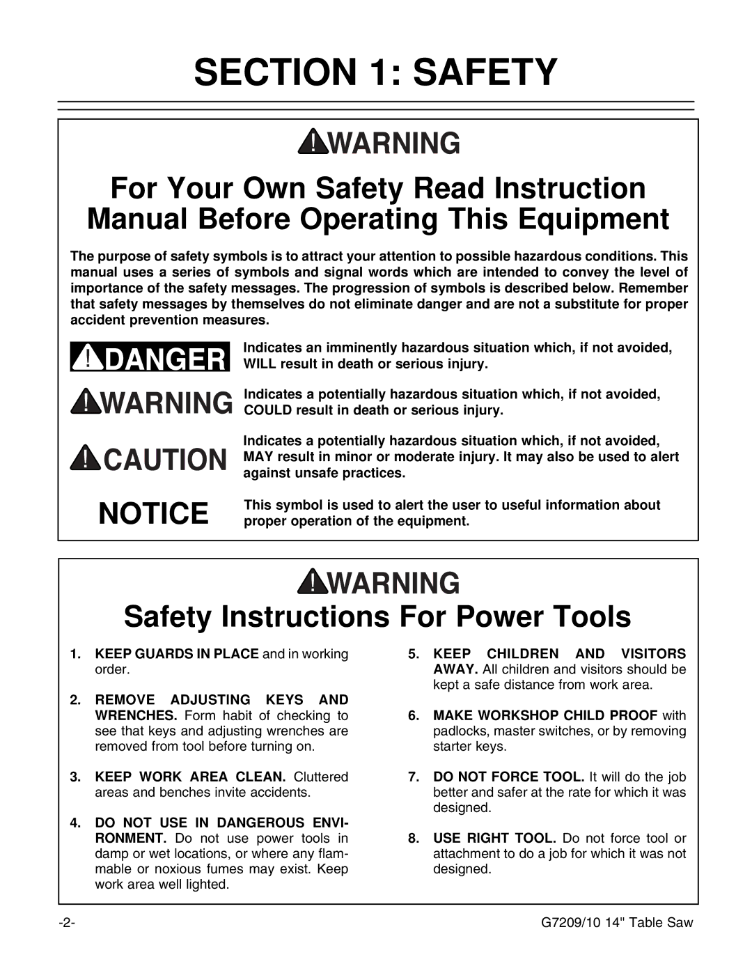 Grizzly G7209, G7210 instruction manual Safety Instructions For Power Tools 