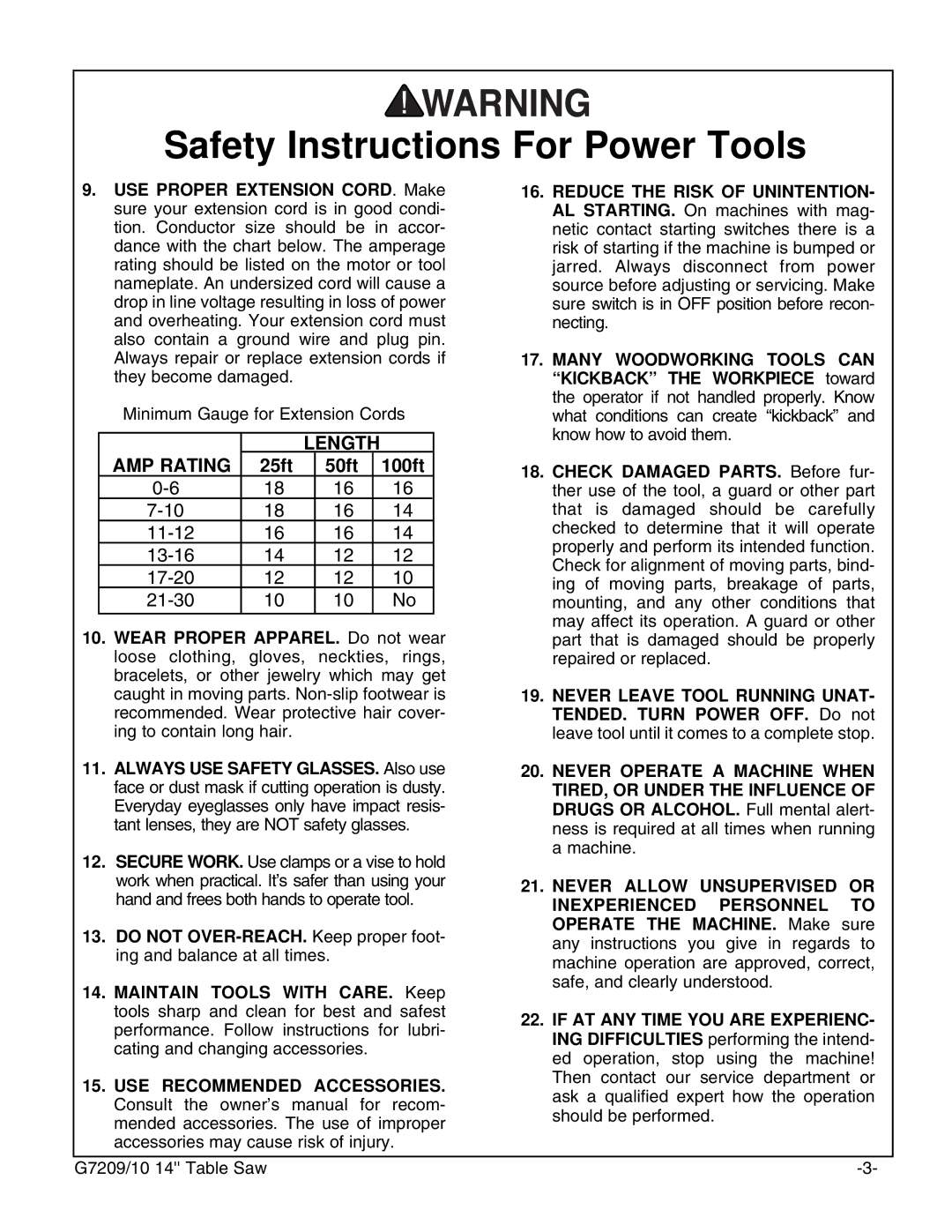 Grizzly G7210, G7209 instruction manual Length AMP Rating 