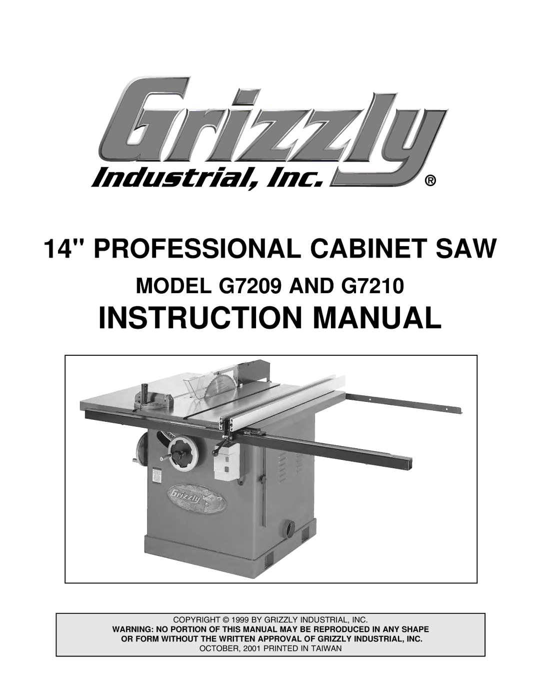 Grizzly instruction manual Professional Cabinet SAW, Model G7209 and G7210 