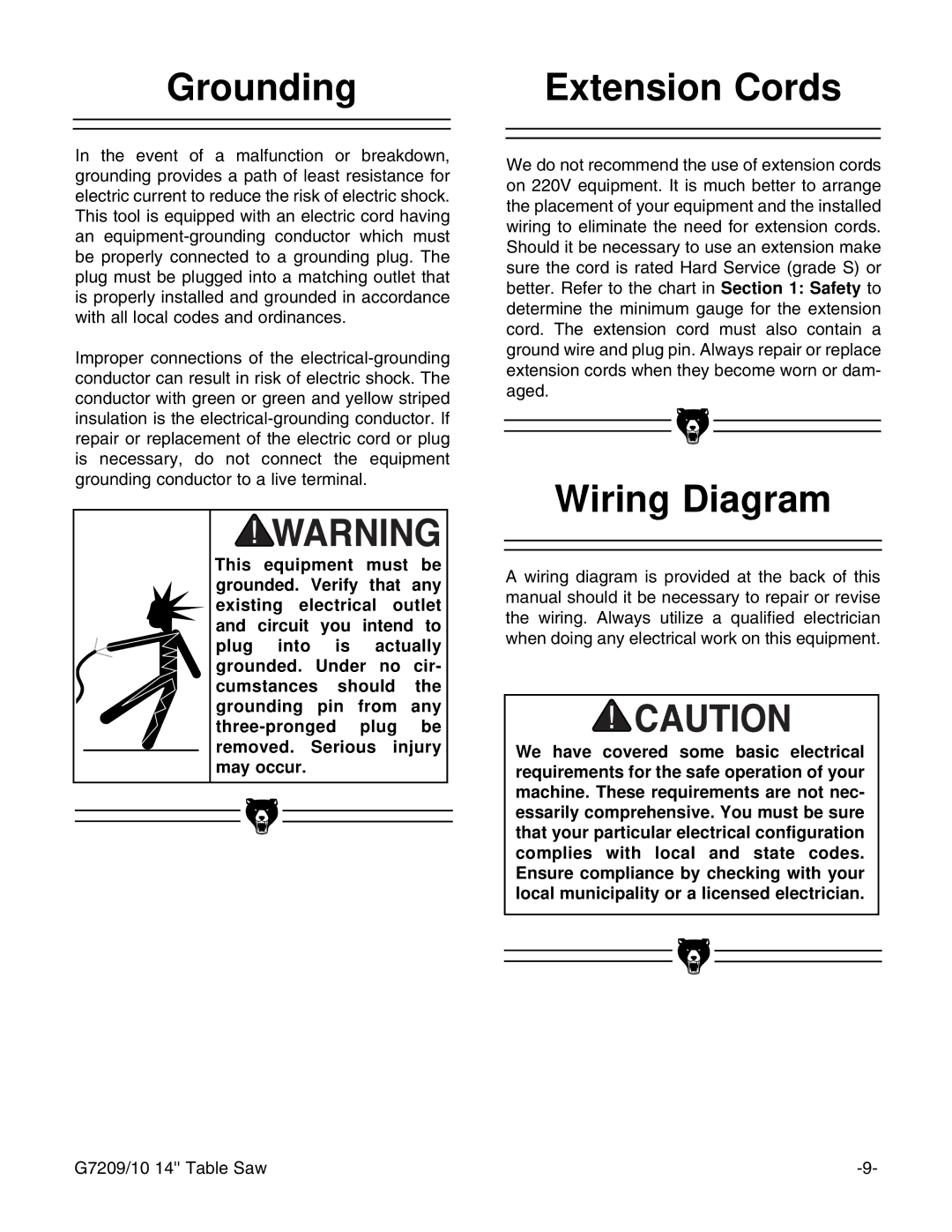 Grizzly G7209 instruction manual Grounding Extension Cords, Wiring Diagram 