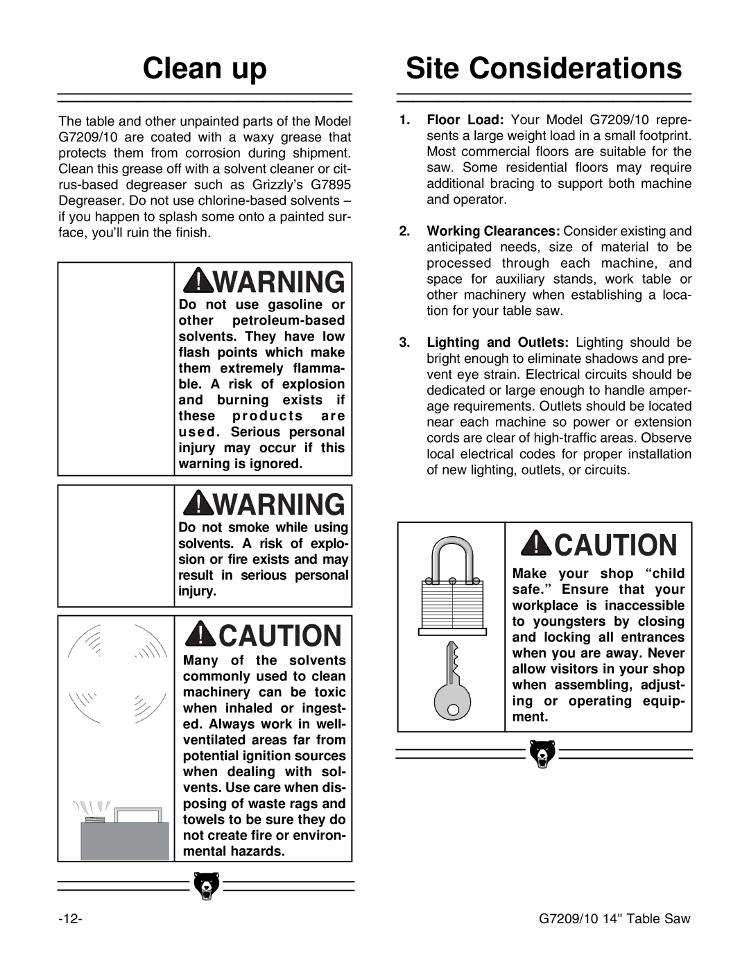 Grizzly G7209 instruction manual Clean up, Site Considerations 