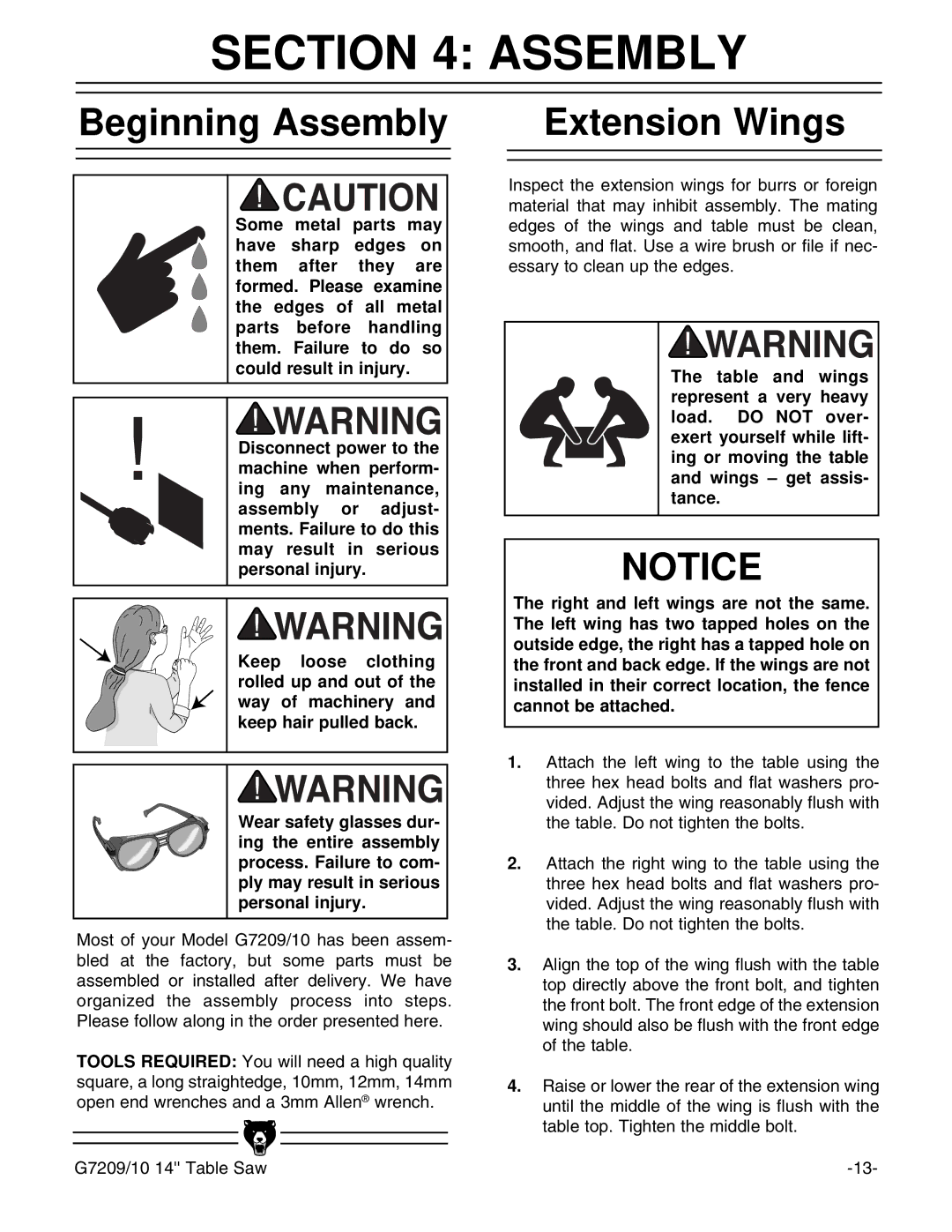 Grizzly G7209 instruction manual Beginning Assembly, Extension Wings 