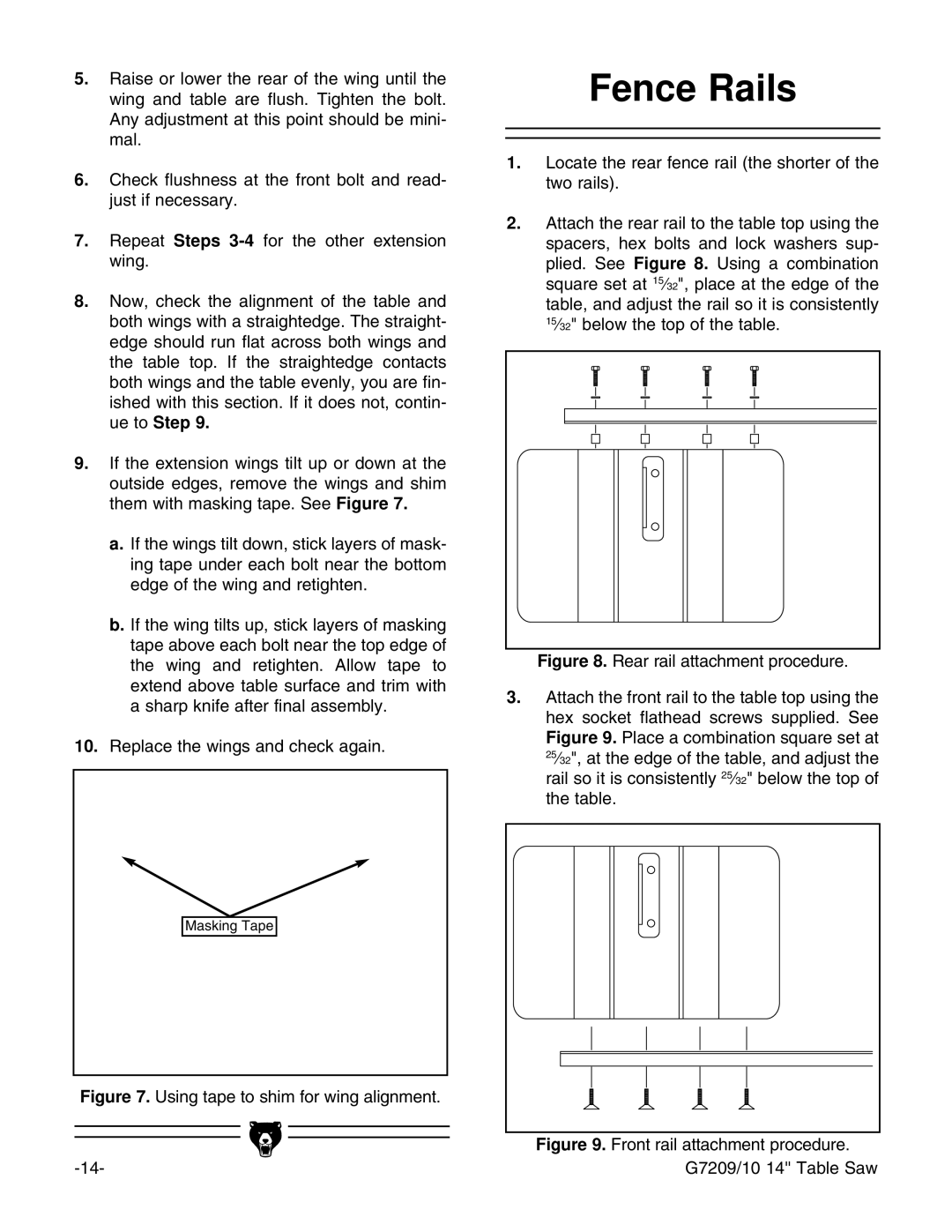 Grizzly G7209 instruction manual Fence Rails, Using tape to shim for wing alignment 