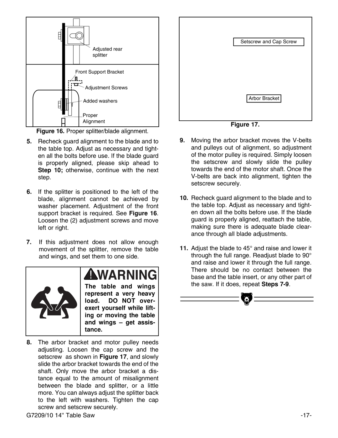 Grizzly G7209 instruction manual Adjusted rear 