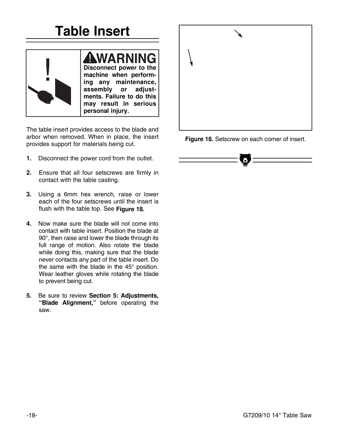 Grizzly G7209 instruction manual Table Insert 