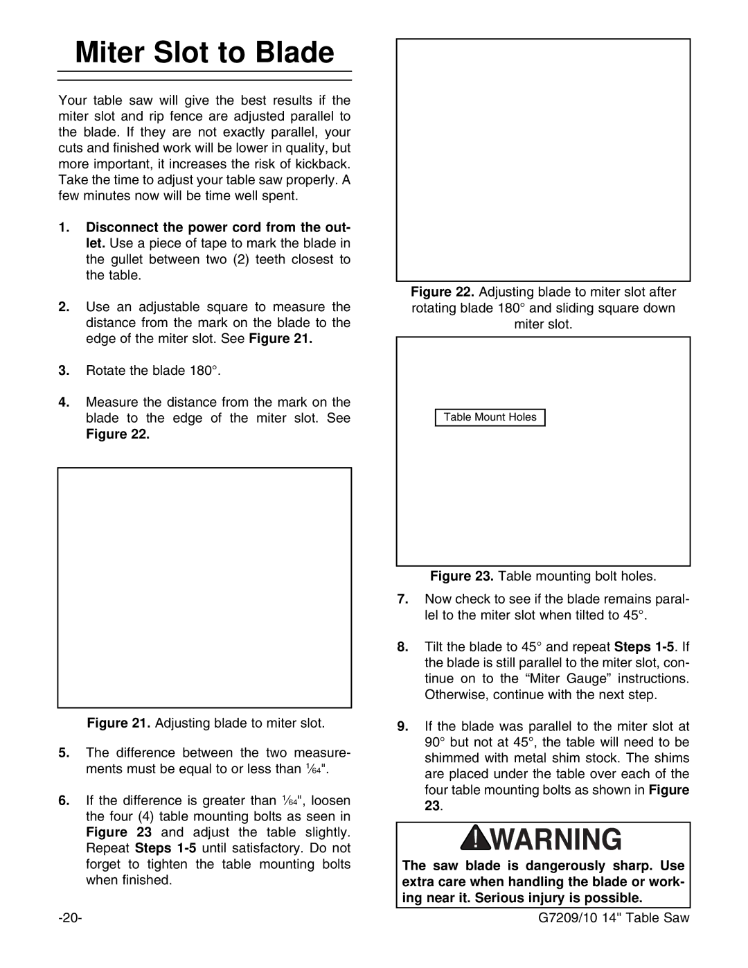 Grizzly G7209 instruction manual Miter Slot to Blade 