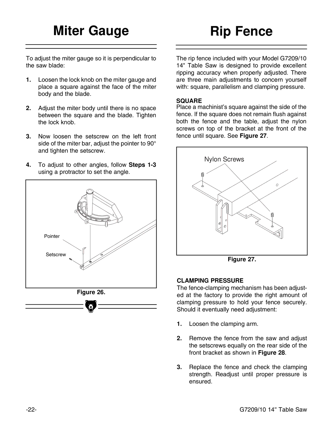 Grizzly G7209 instruction manual Miter Gauge Rip Fence, Square 