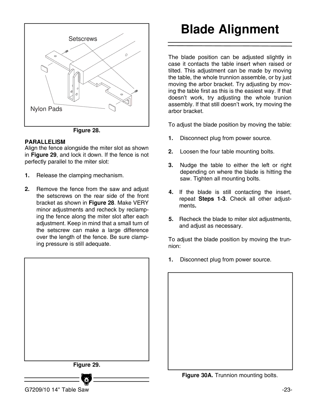 Grizzly G7209 instruction manual Blade Alignment, Nylon Pads 