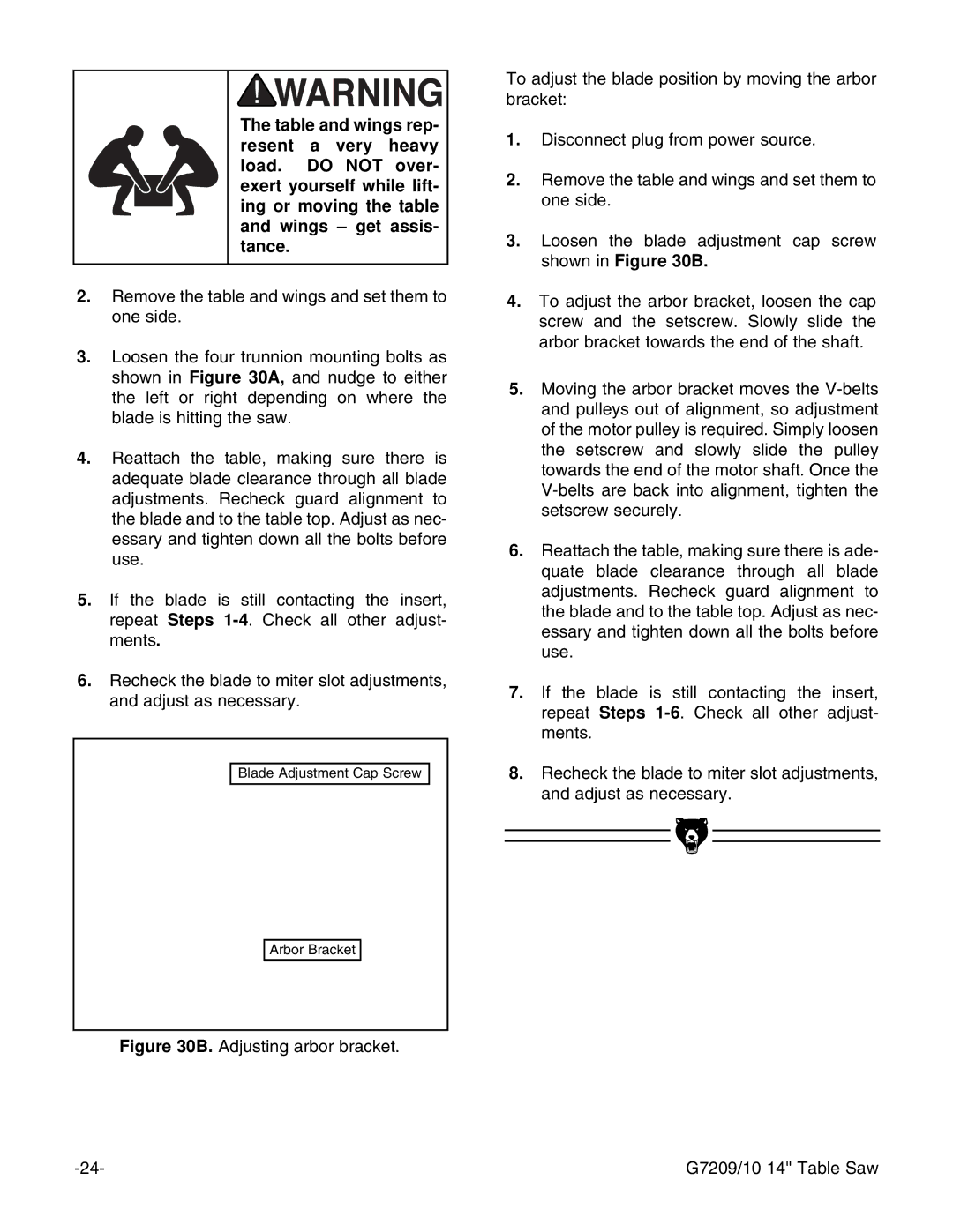 Grizzly G7209 instruction manual Blade Adjustment Cap Screw Arbor Bracket 