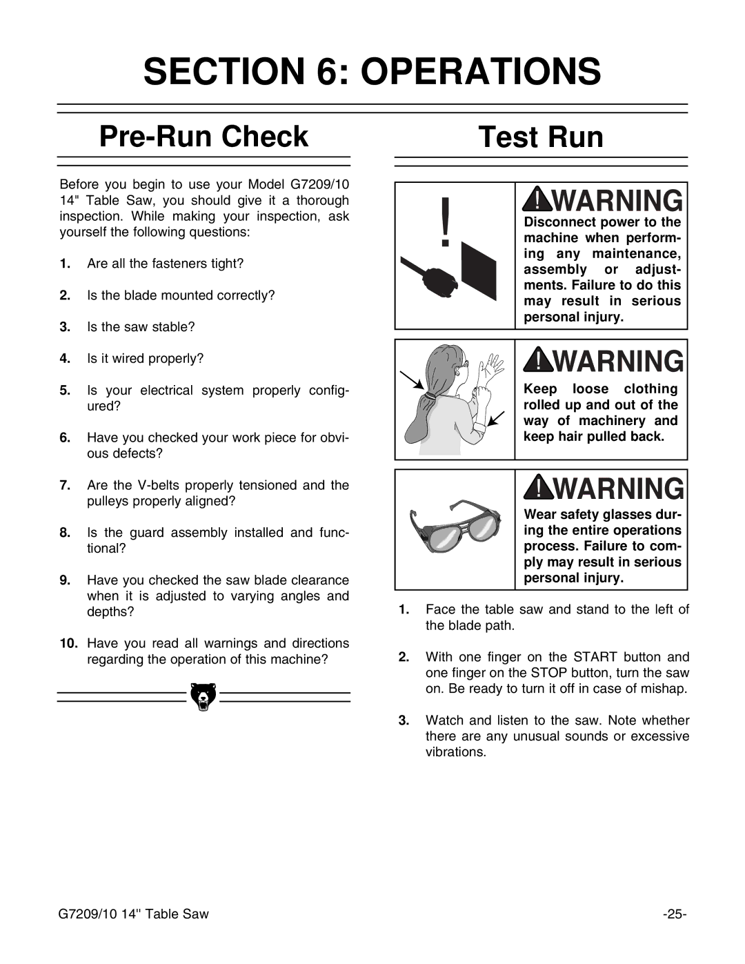 Grizzly G7209 instruction manual Operations, Pre-Run Check, Test Run 