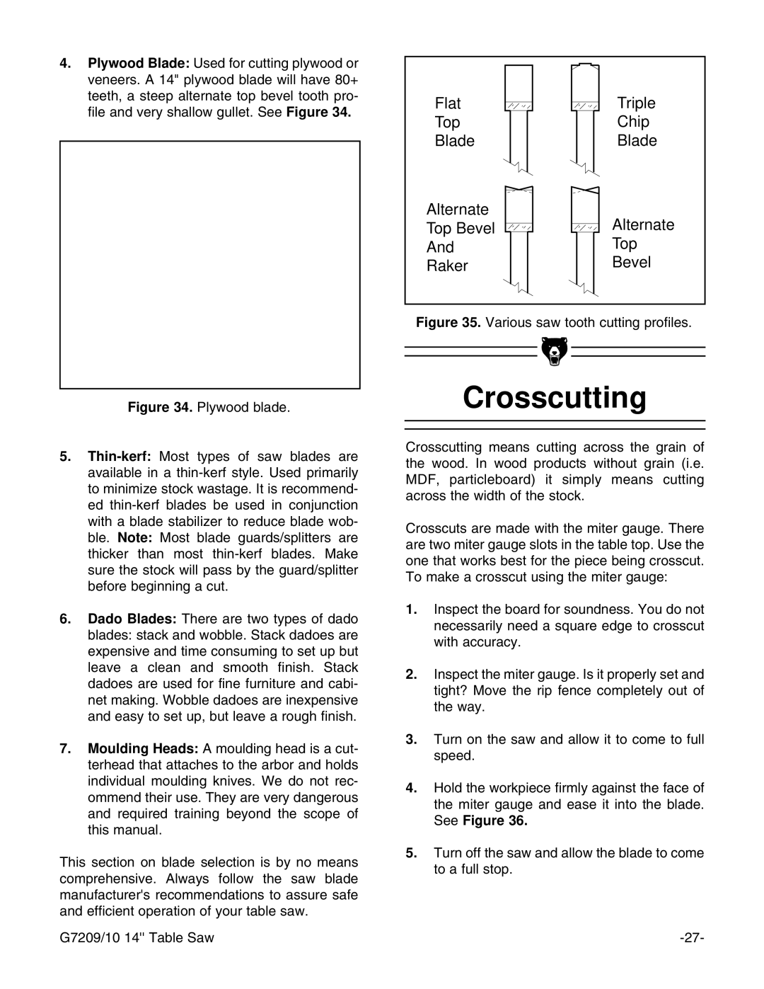 Grizzly G7209 instruction manual Crosscutting, Various saw tooth cutting profiles 