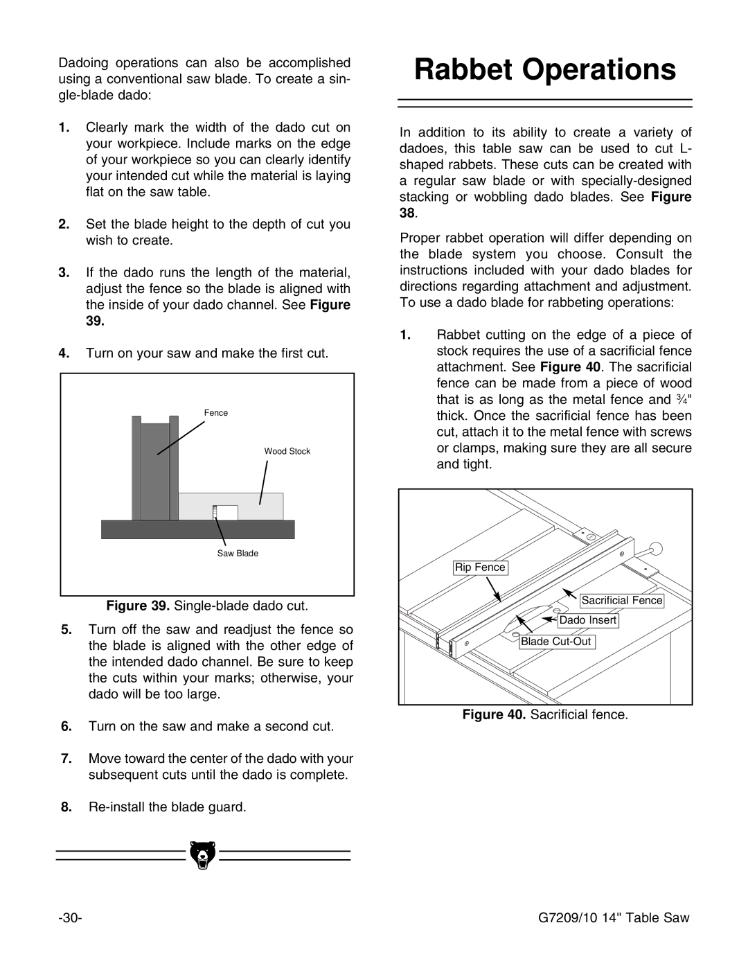 Grizzly G7209 instruction manual Rabbet Operations, Sacrificial fence 