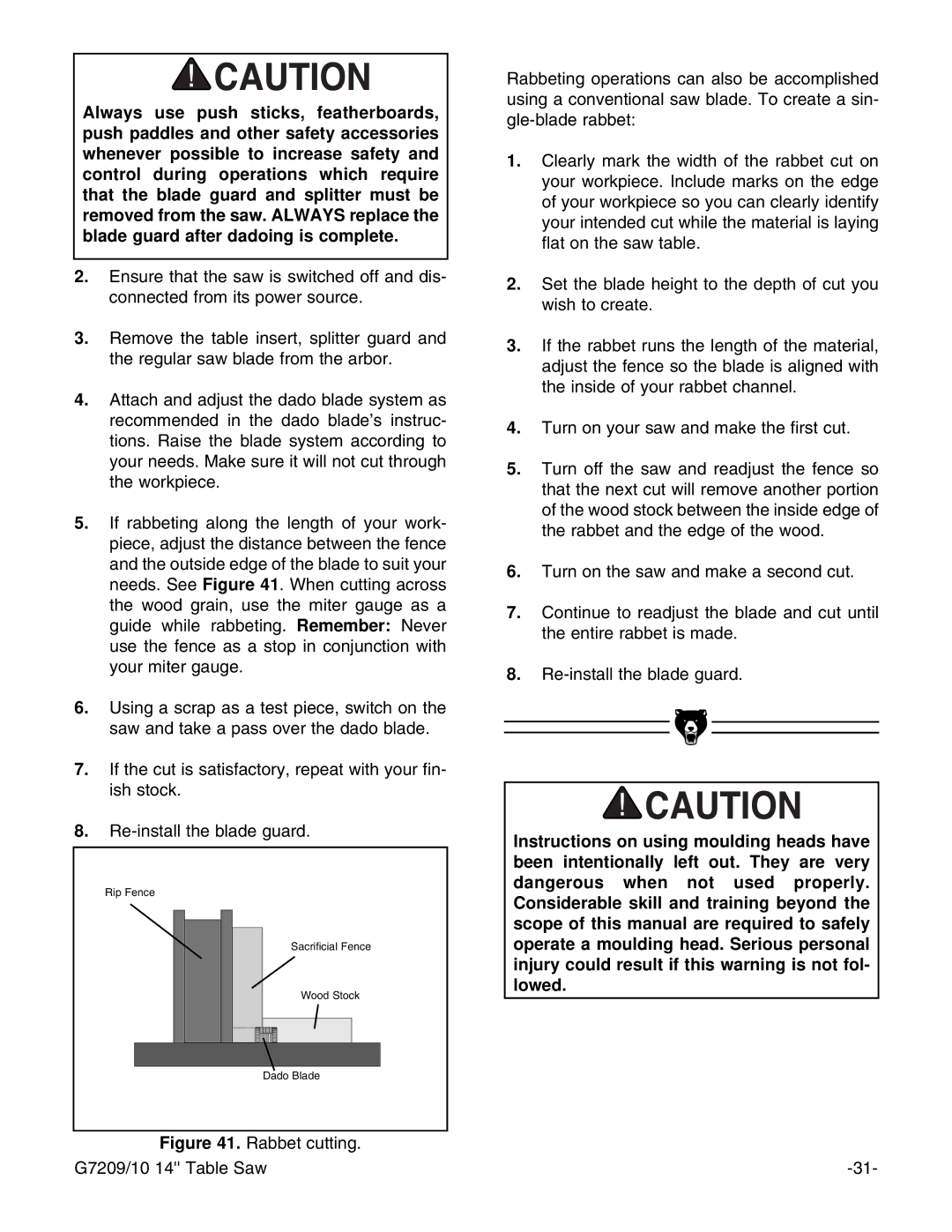 Grizzly G7209 instruction manual Rip Fence Sacrificial Fence Wood Stock Dado Blade 