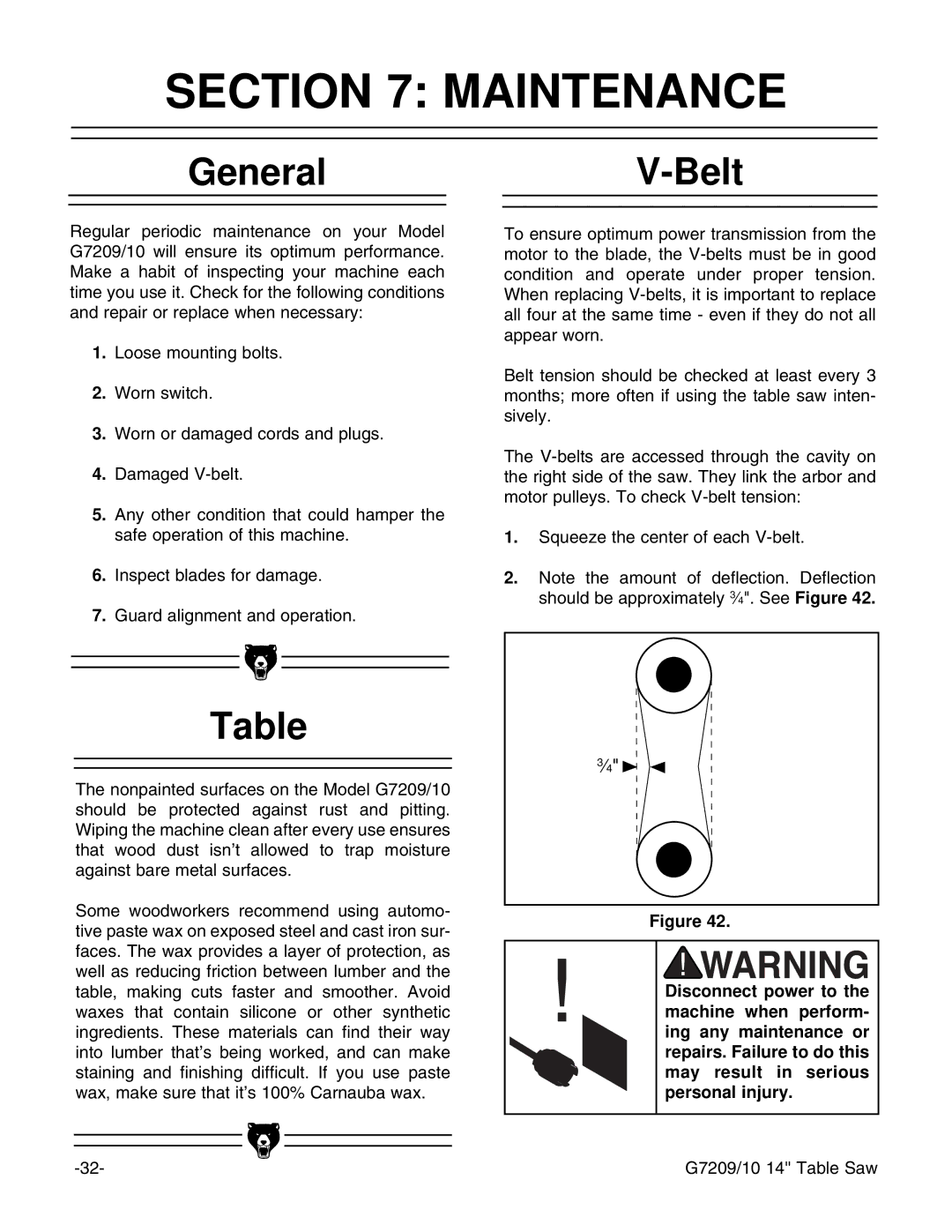 Grizzly G7209 instruction manual Maintenance, GeneralV-Belt 