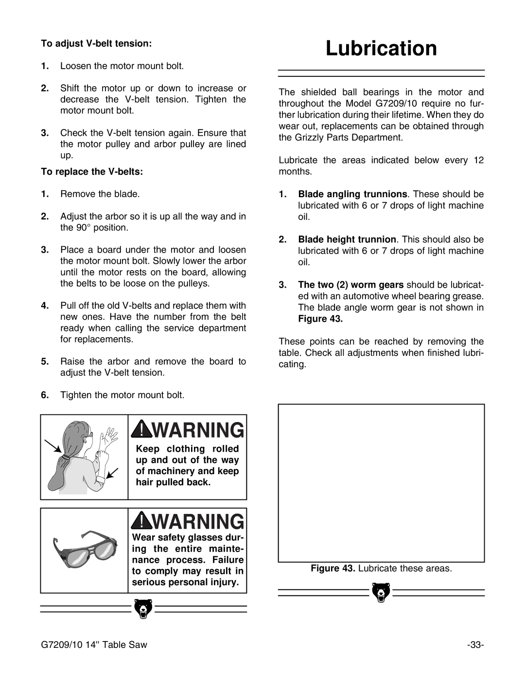 Grizzly G7209 instruction manual Lubrication, To adjust V-belt tension 