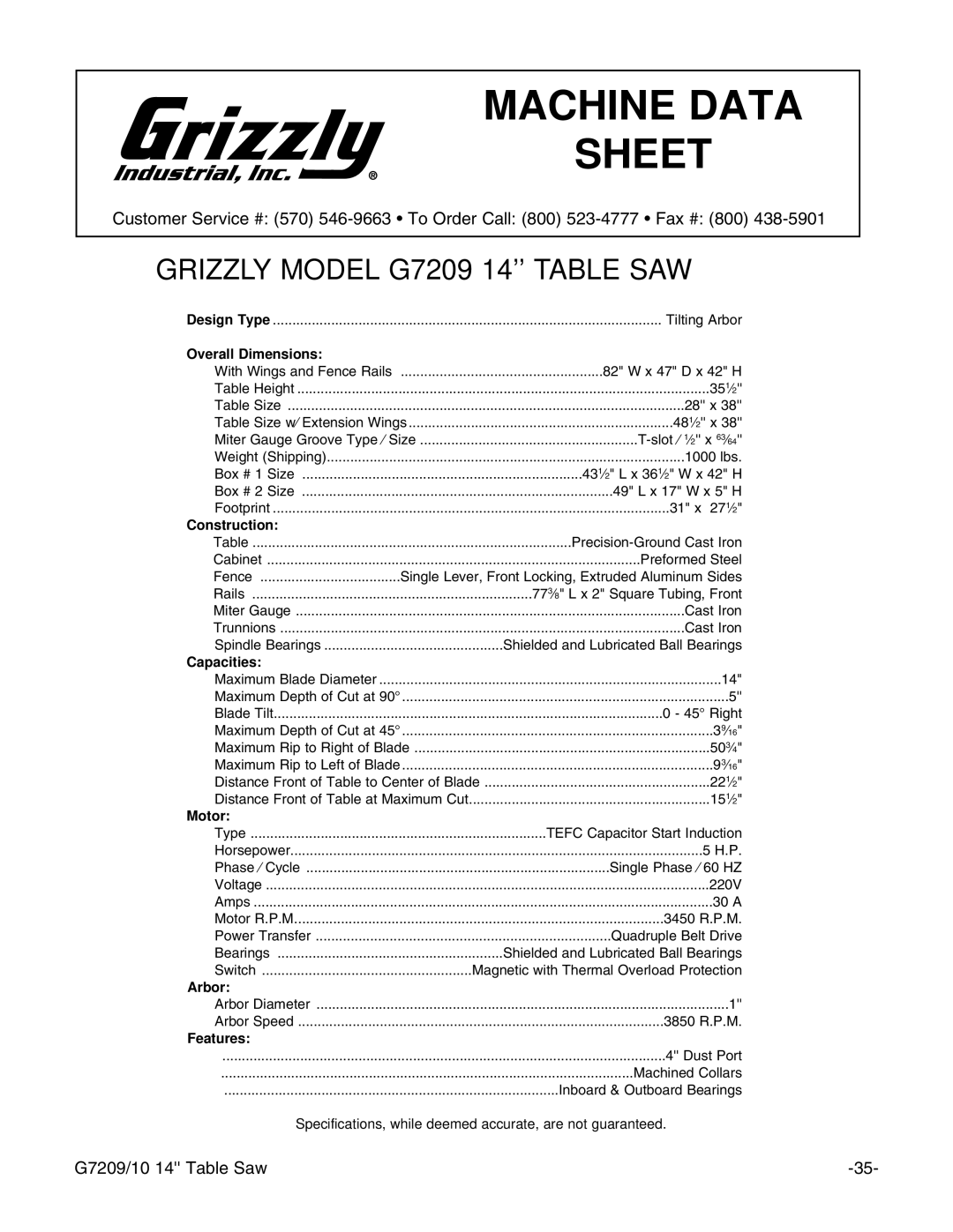 Grizzly G7209 instruction manual Machine Data Sheet 