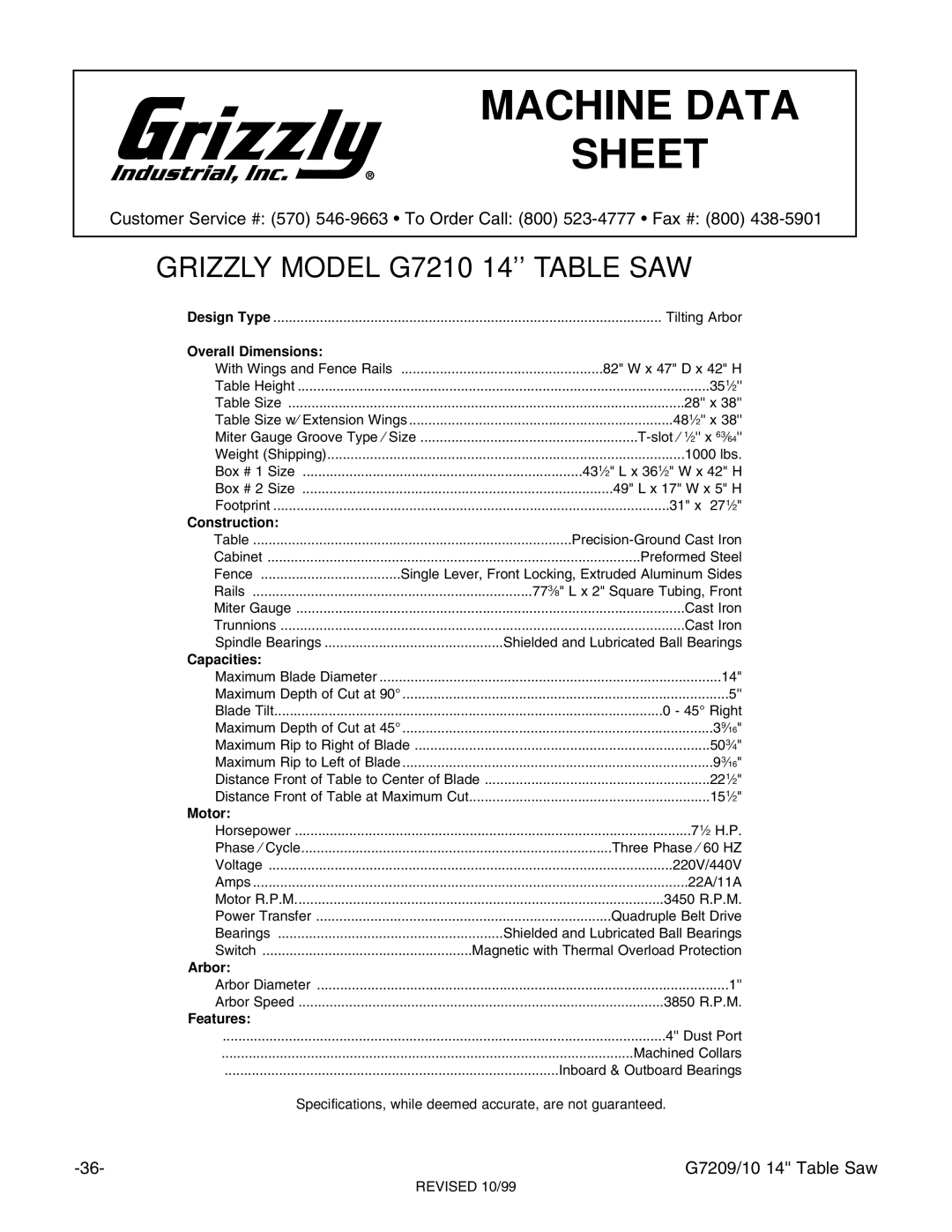 Grizzly G7209 instruction manual Grizzly Model G7210 14 Table SAW 