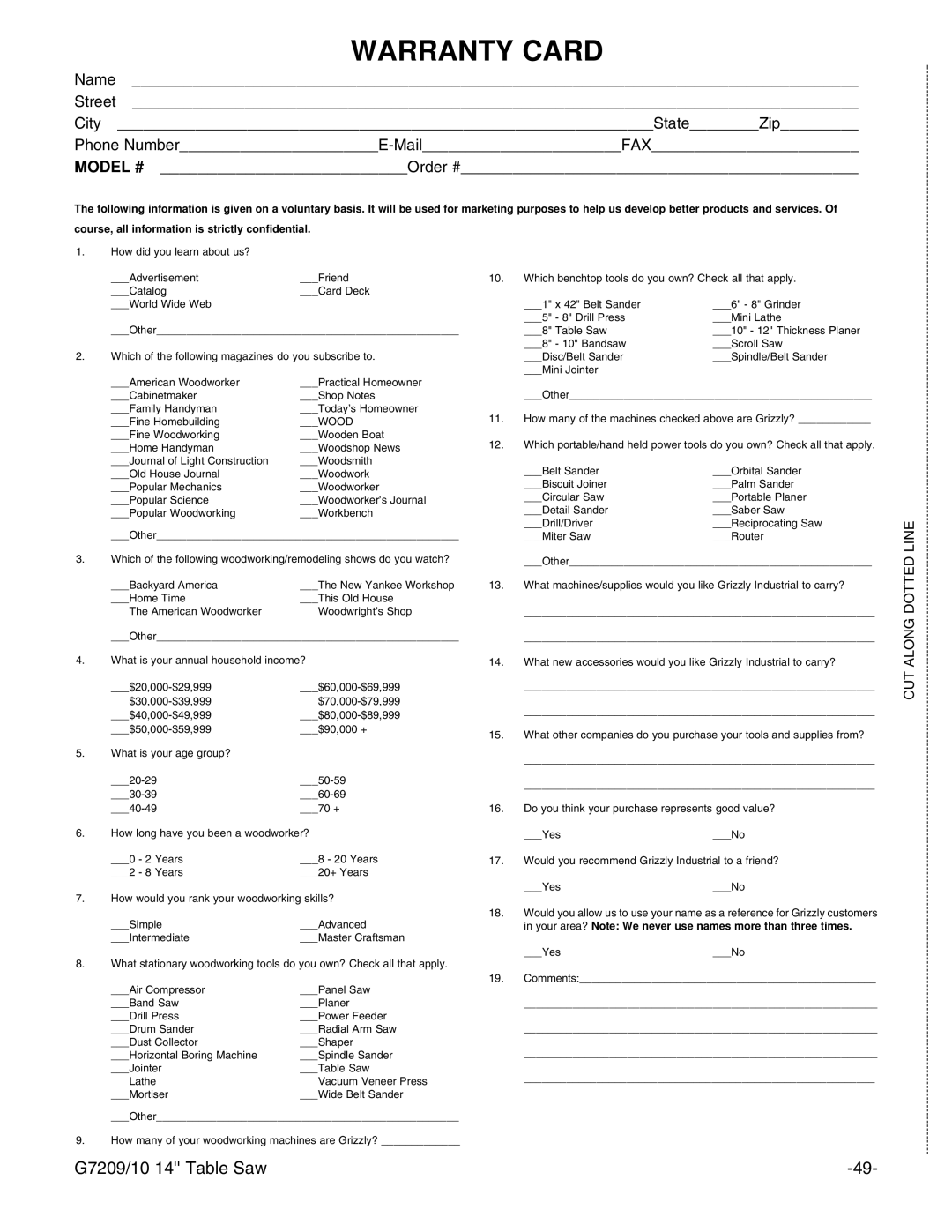 Grizzly G7209 instruction manual Warranty Card 