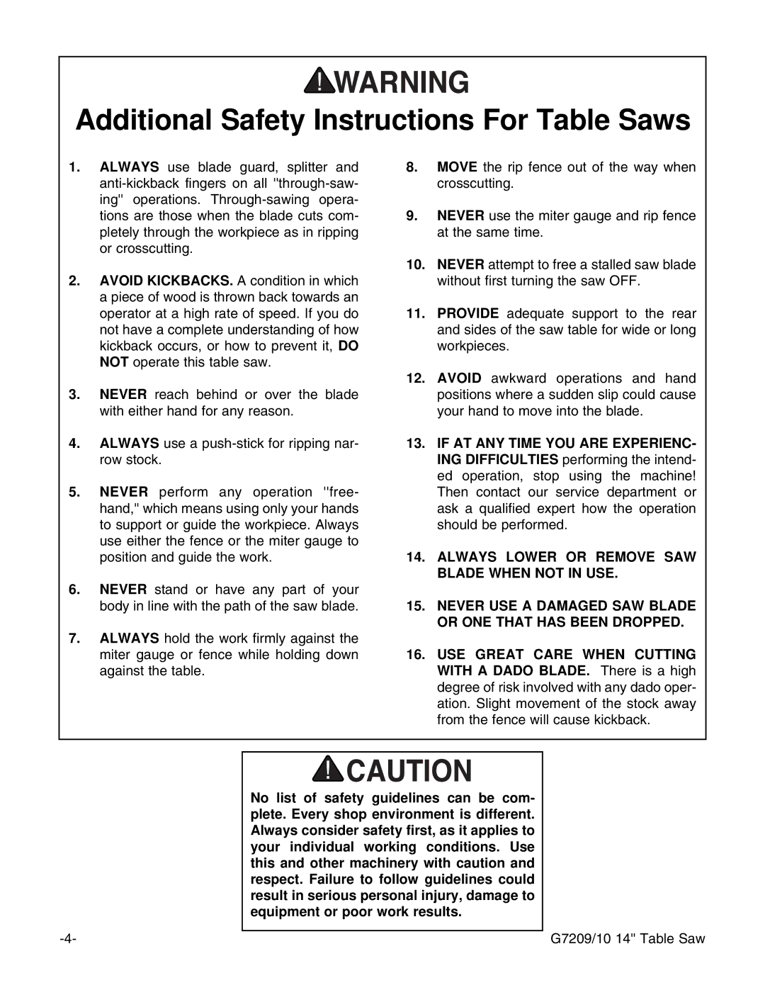 Grizzly G7209 instruction manual Additional Safety Instructions For Table Saws 