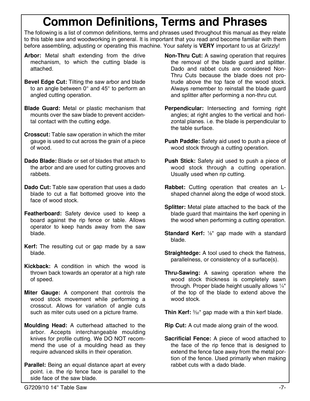 Grizzly G7209 instruction manual Common Definitions, Terms and Phrases 