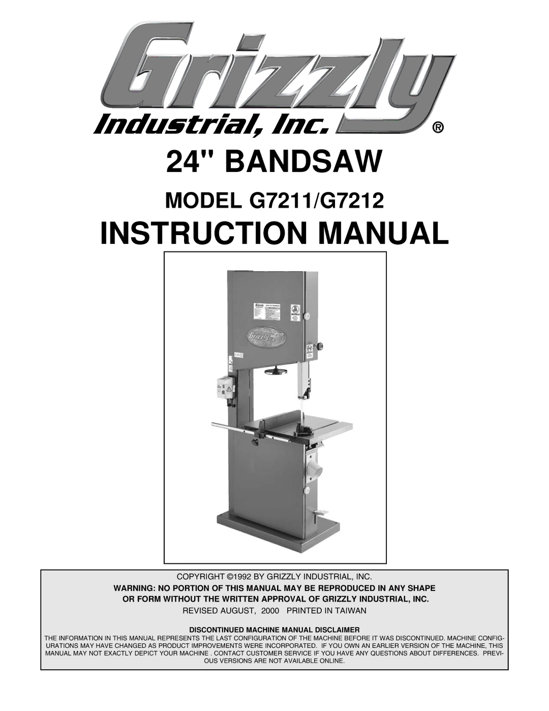 Grizzly instruction manual Bandsaw, Model G7211/G7212 