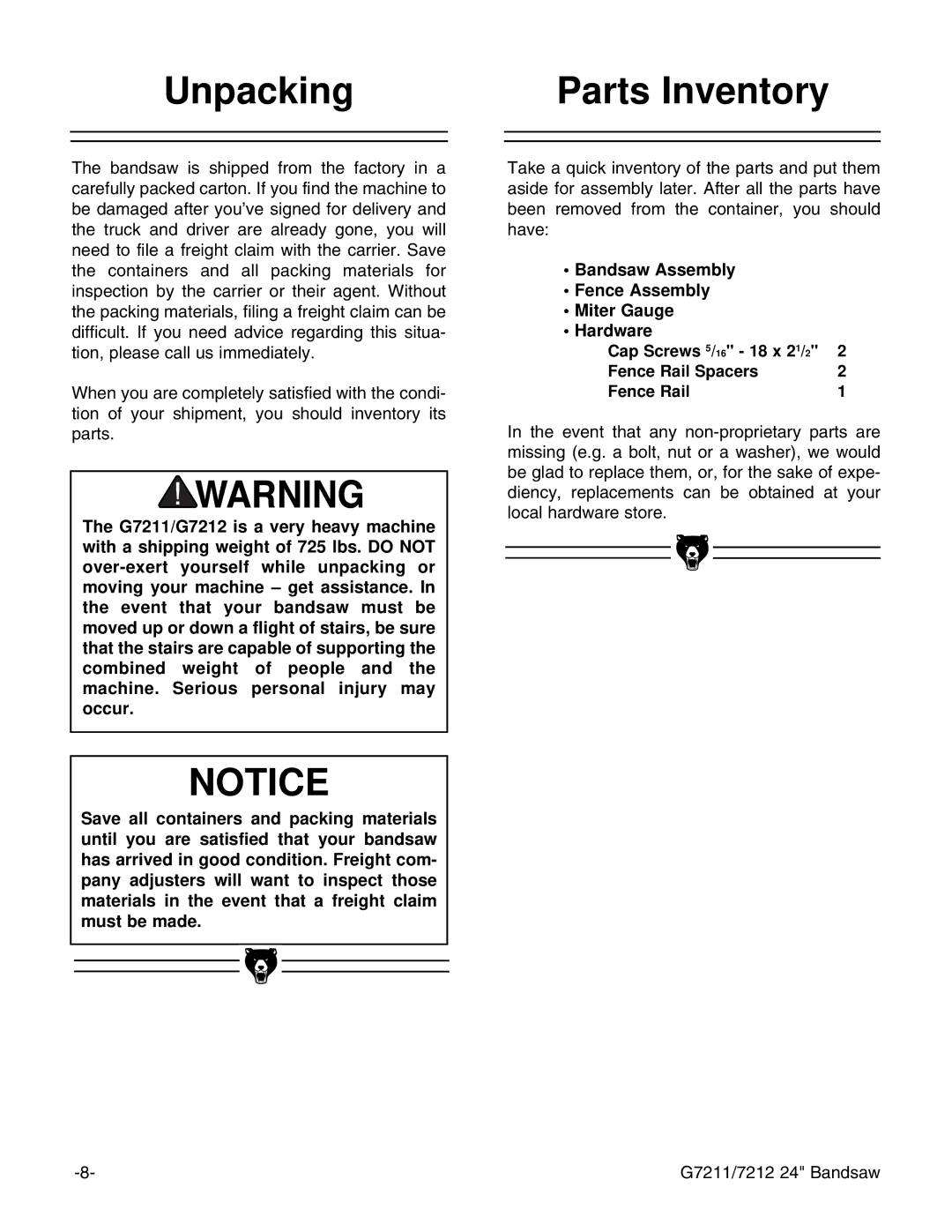 Grizzly G7212, G7211 instruction manual Unpacking, Parts Inventory, Bandsaw Assembly Fence Assembly Miter Gauge Hardware 