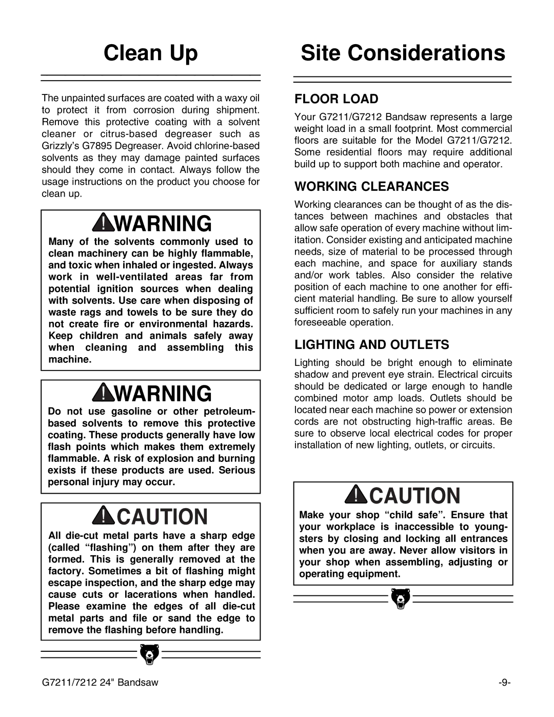 Grizzly G7211, G7212 instruction manual Clean Up, Site Considerations 