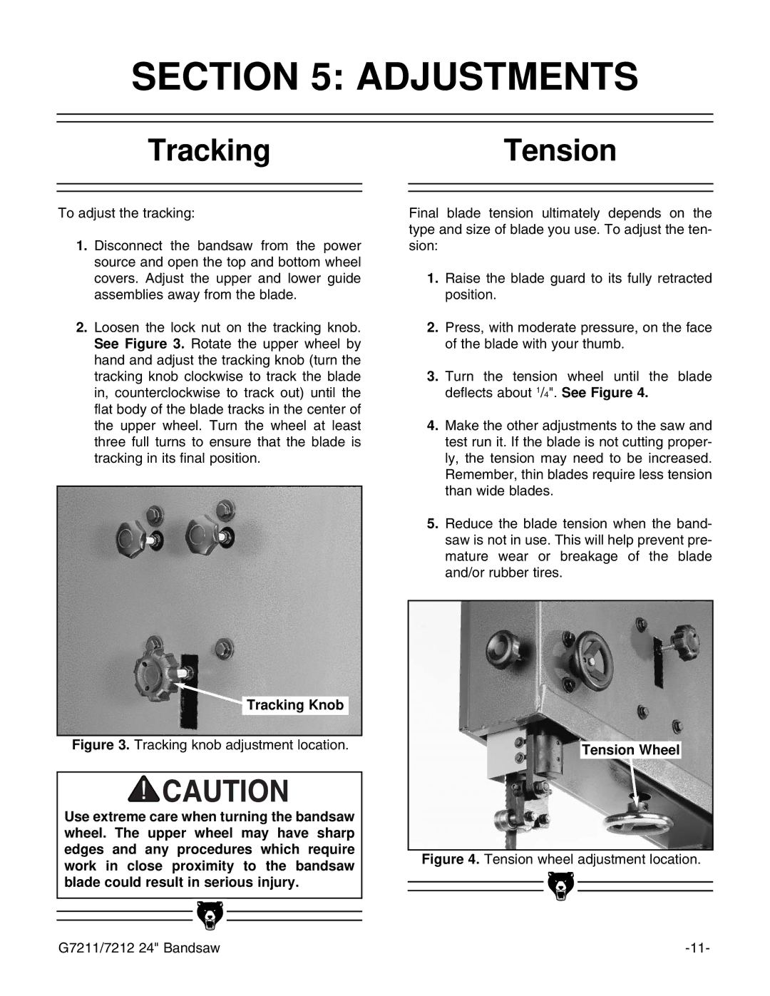 Grizzly G7211, G7212 instruction manual Adjustments, TrackingTension, Tracking Knob, Tension Wheel 