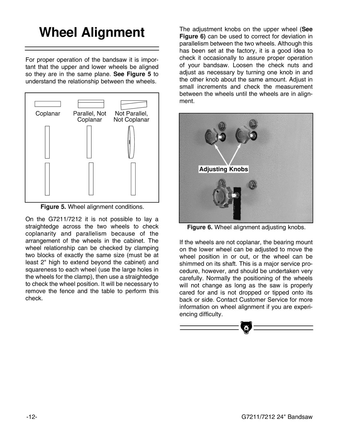 Grizzly G7212, G7211 instruction manual Wheel Alignment, Adjusting Knobs 