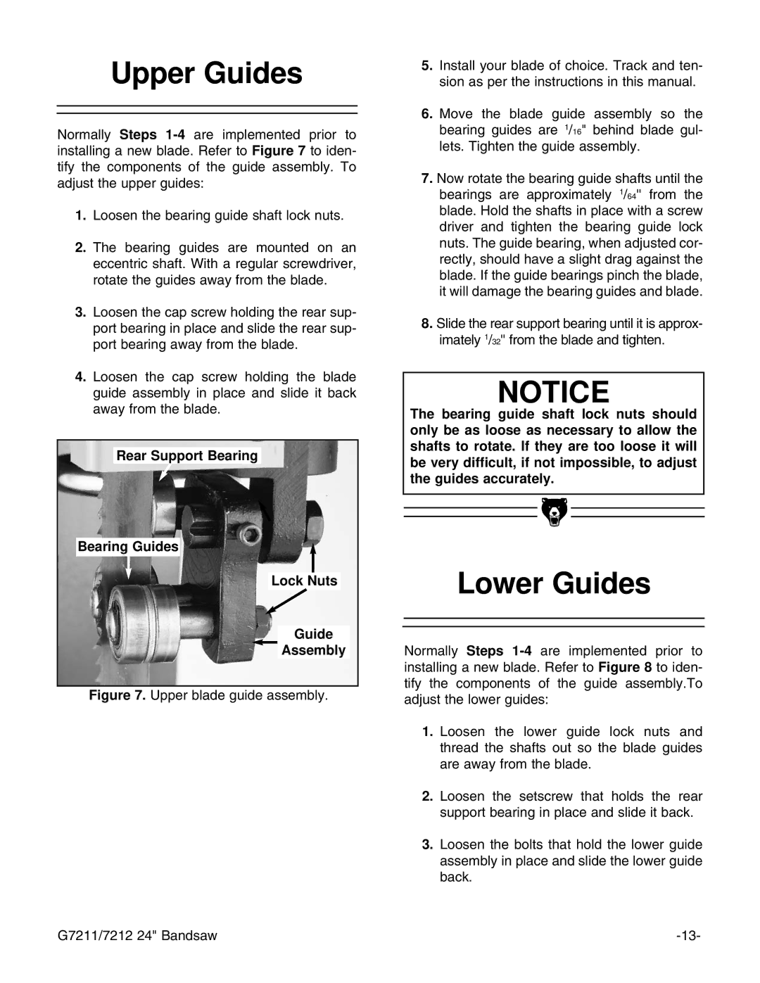 Grizzly G7211, G7212 instruction manual Upper Guides, Lower Guides, Rear Support Bearing Bearing Guides Lock Nuts Assembly 