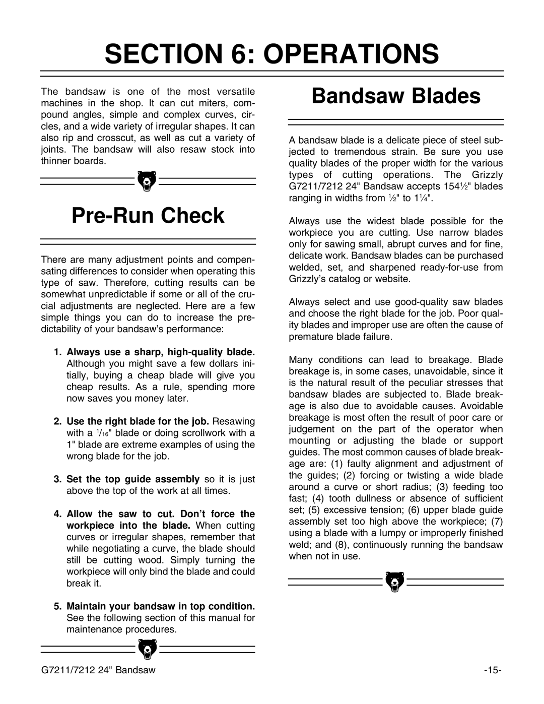 Grizzly G7211, G7212 instruction manual Operations, Pre-Run Check, Bandsaw Blades 