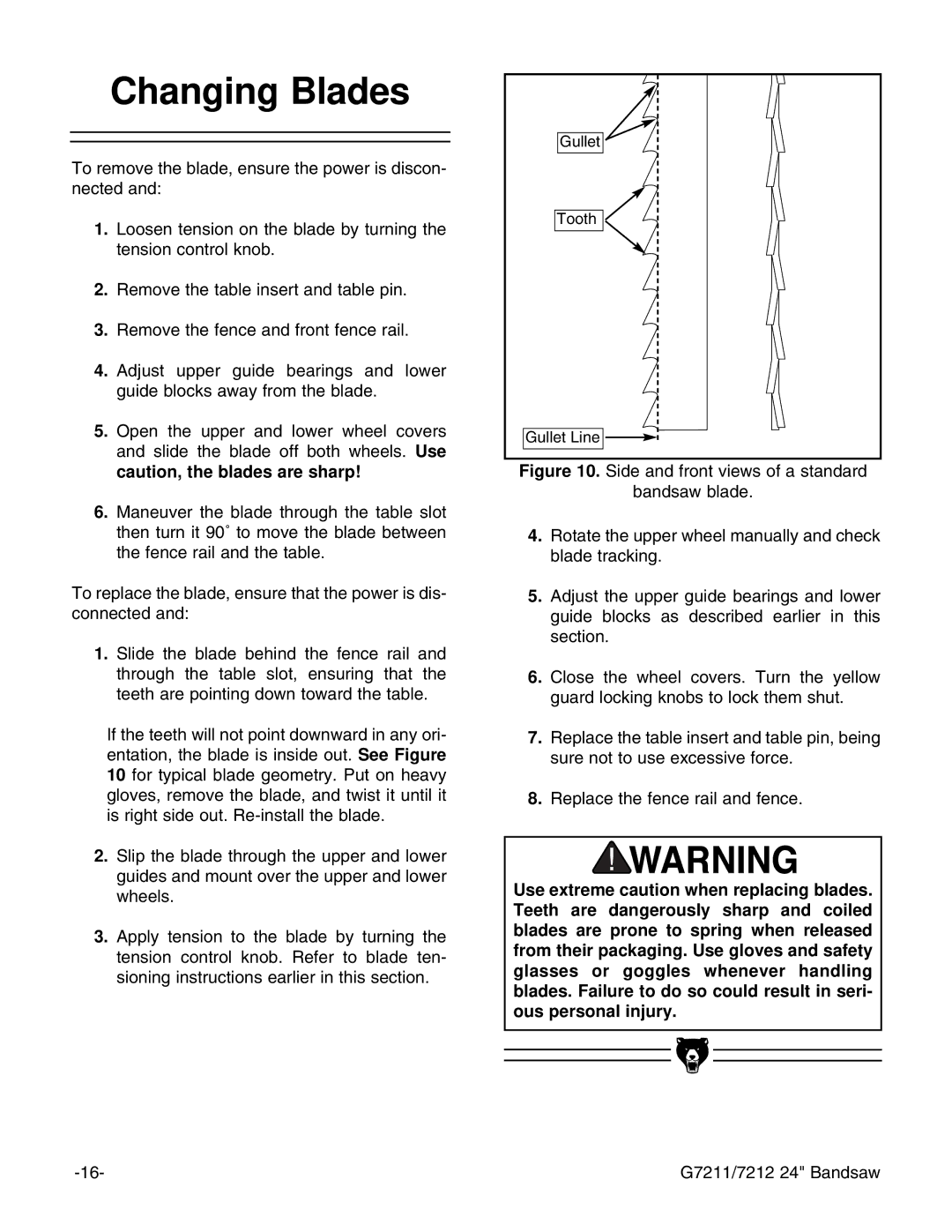 Grizzly G7212, G7211 instruction manual Changing Blades 