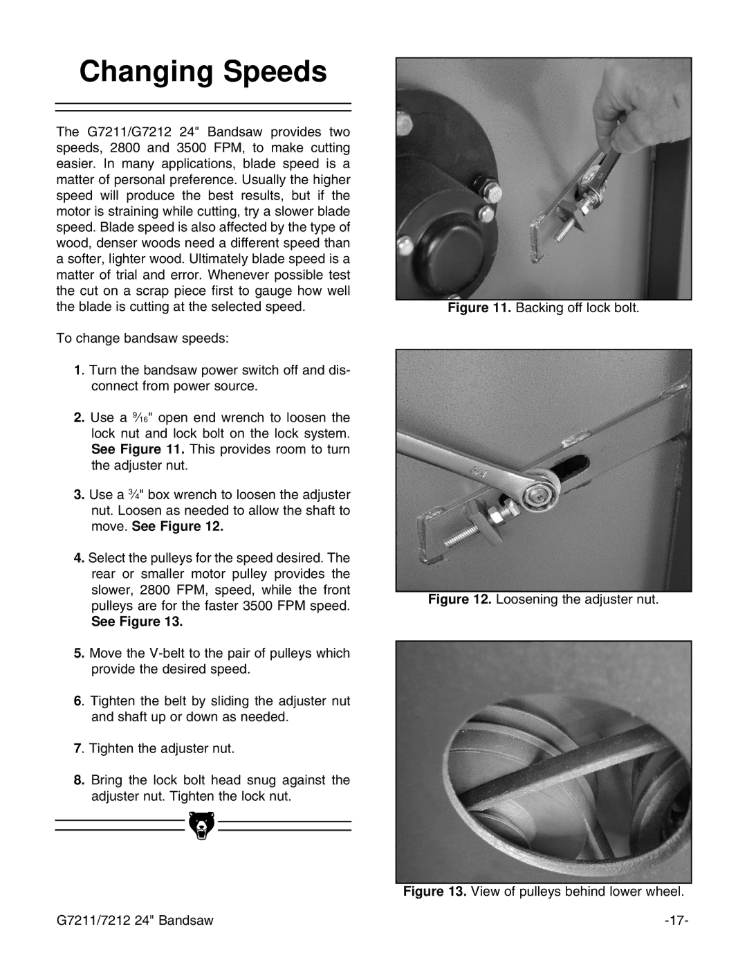 Grizzly G7211, G7212 instruction manual Changing Speeds, Backing off lock bolt 