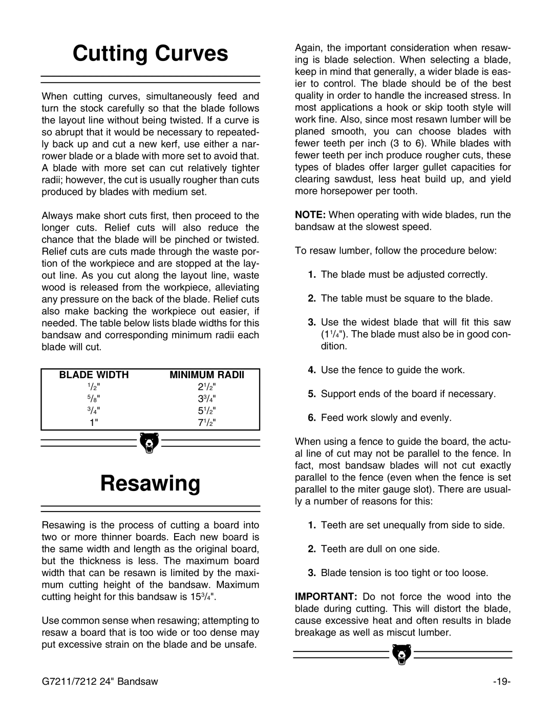 Grizzly G7211, G7212 instruction manual Cutting Curves, Resawing 