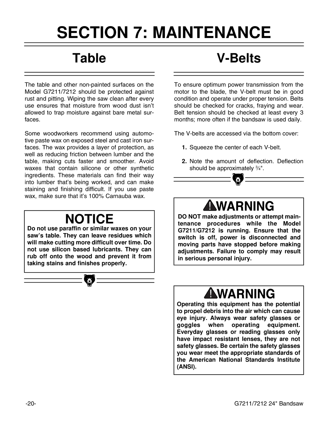 Grizzly G7212, G7211 instruction manual Maintenance, TableV-Belts 