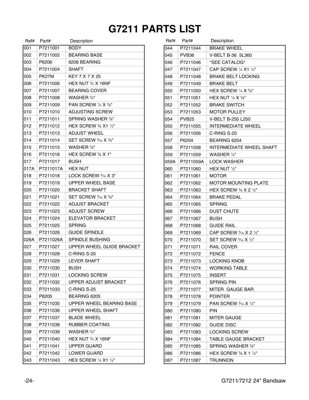 Grizzly G7212 instruction manual G7211 Parts List 