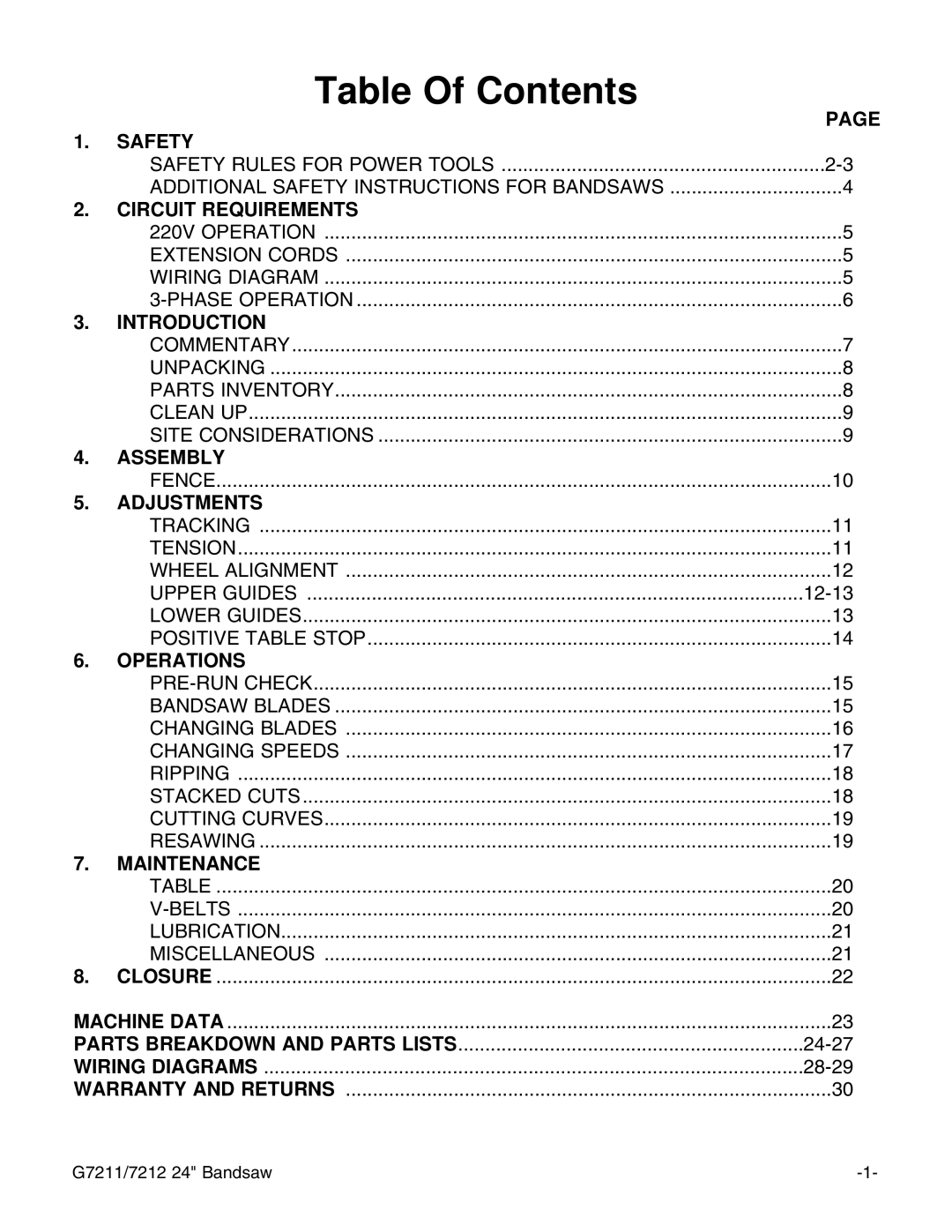 Grizzly G7211, G7212 instruction manual Table Of Contents 