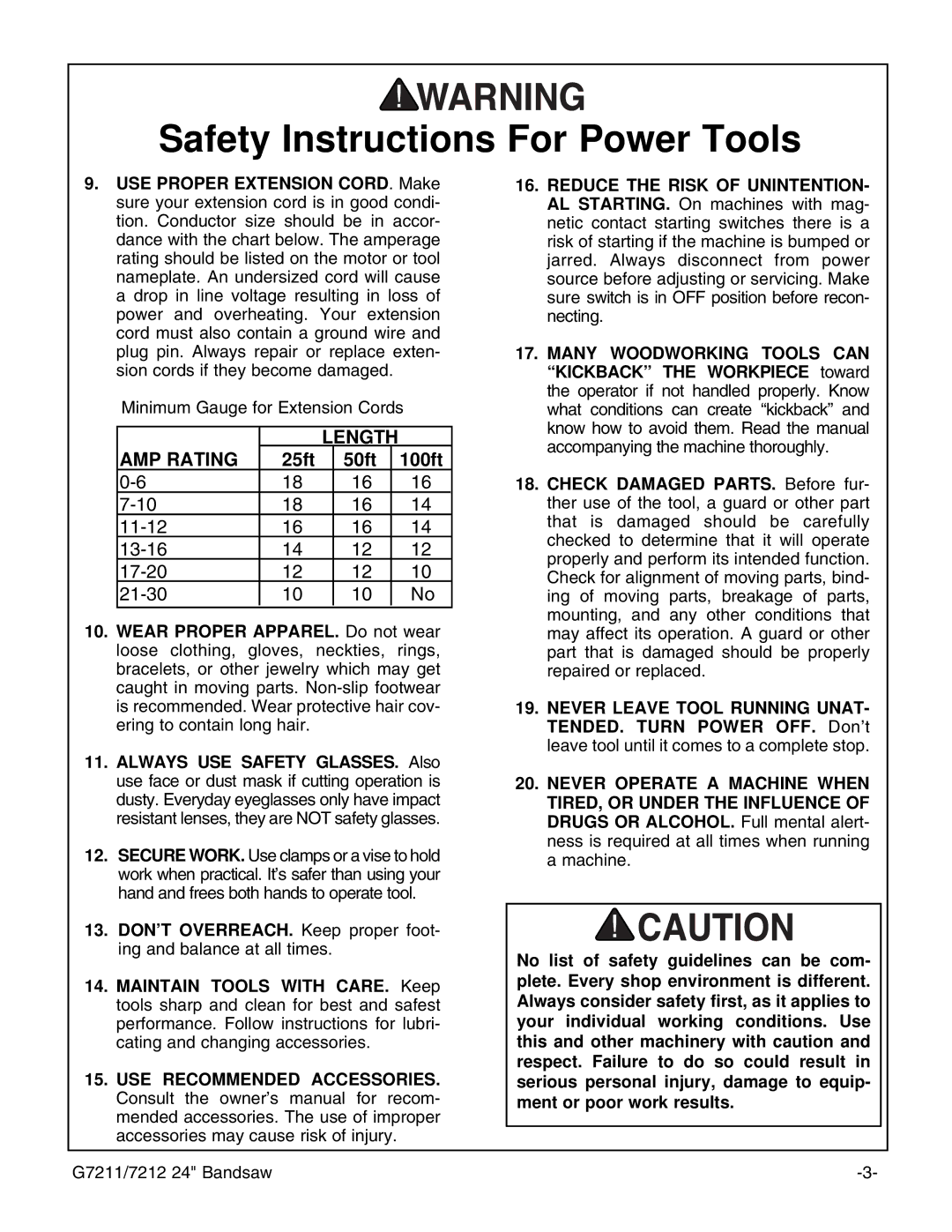 Grizzly G7211, G7212 instruction manual AMP Rating 