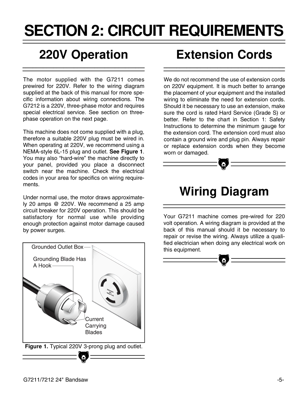 Grizzly G7211, G7212 instruction manual Circuit Requirements, 220V Operation Extension Cords, Wiring Diagram 